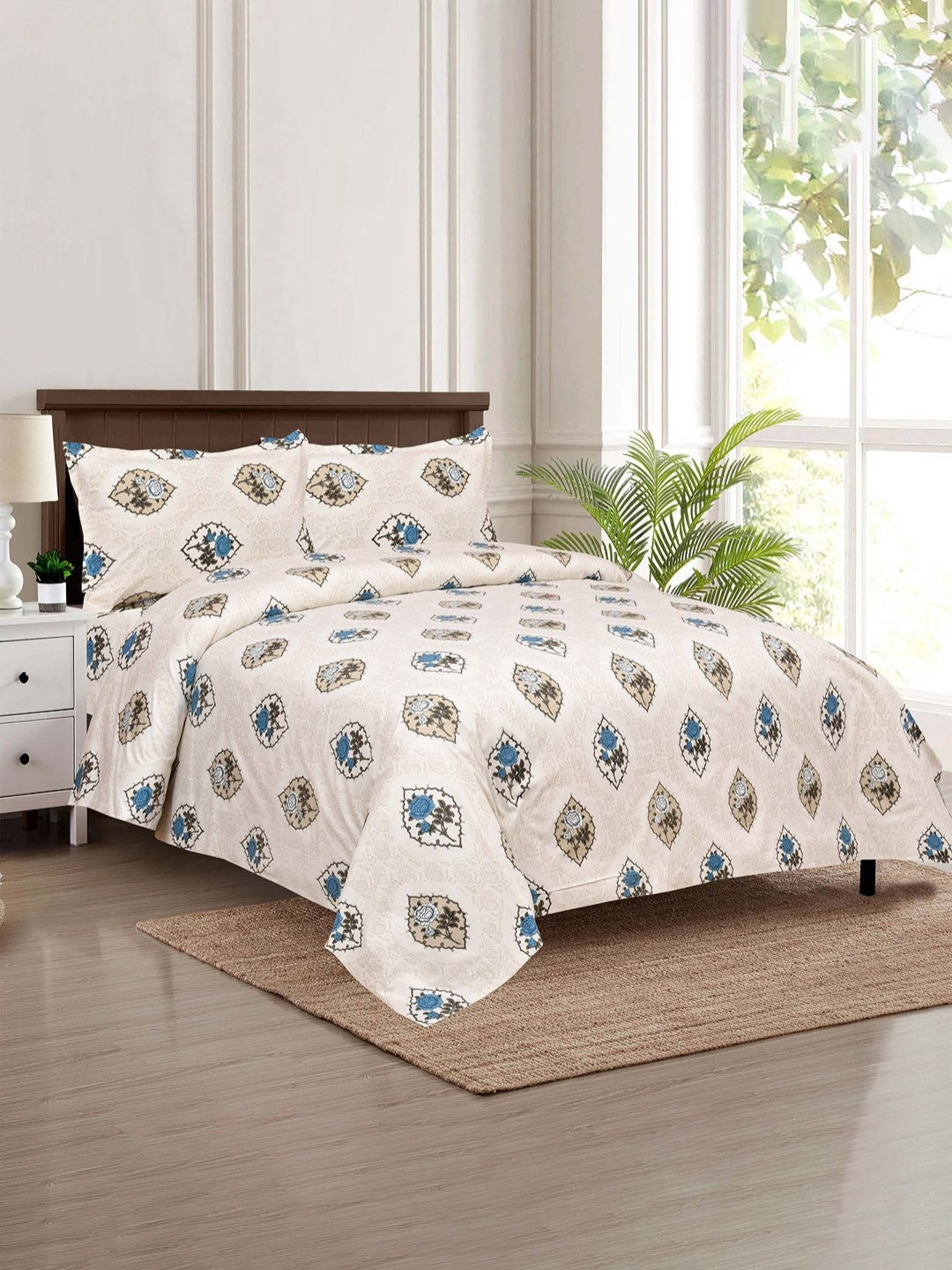 Aura White & Blue 4 Pieces Ethnic Motifs Cotton AC Room 150 GSM Double Bed Dohars