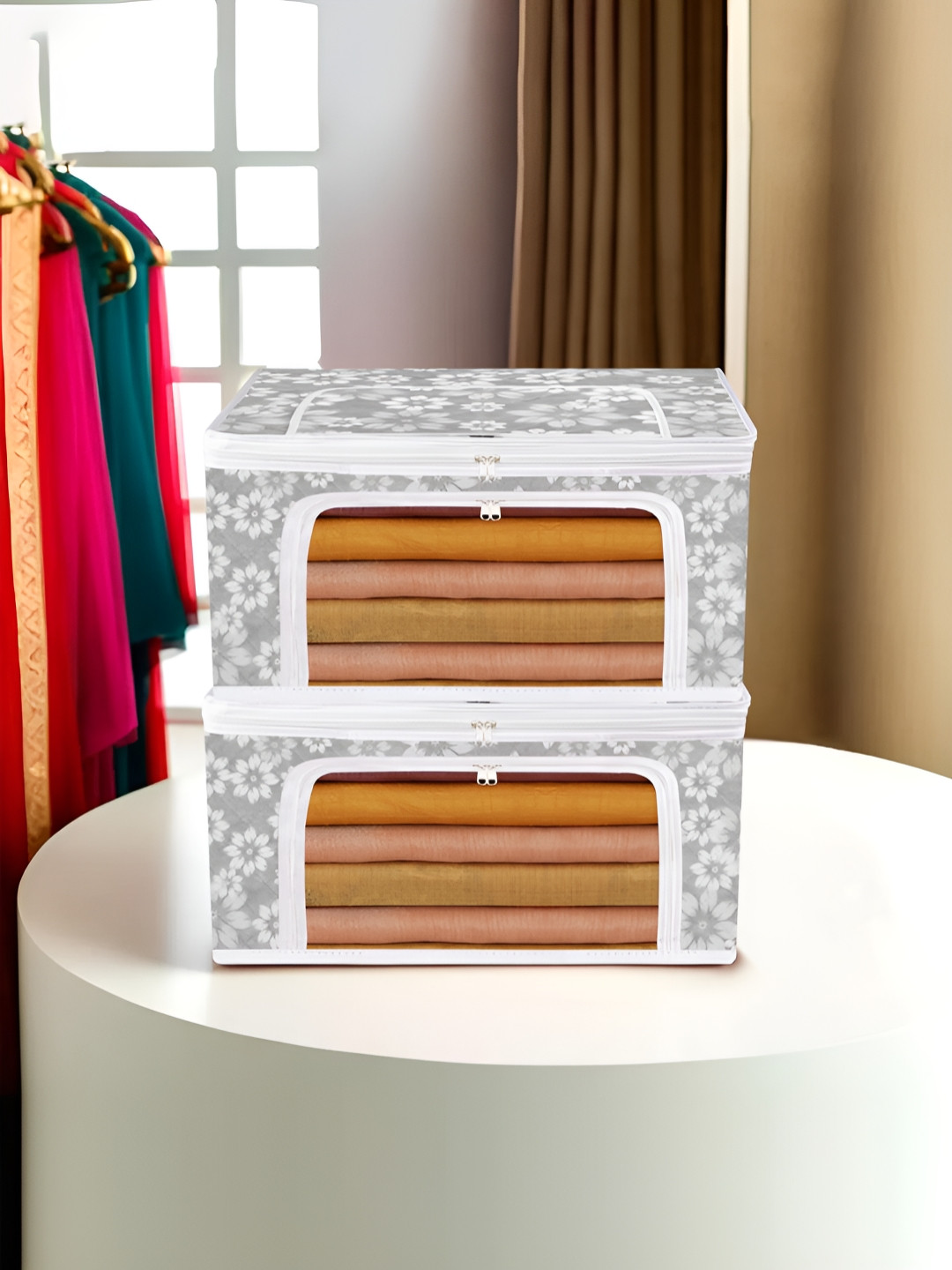 Aura Grey & White 2 Pieces Printed Saree Storage Bag Drawer Organisers With Zip