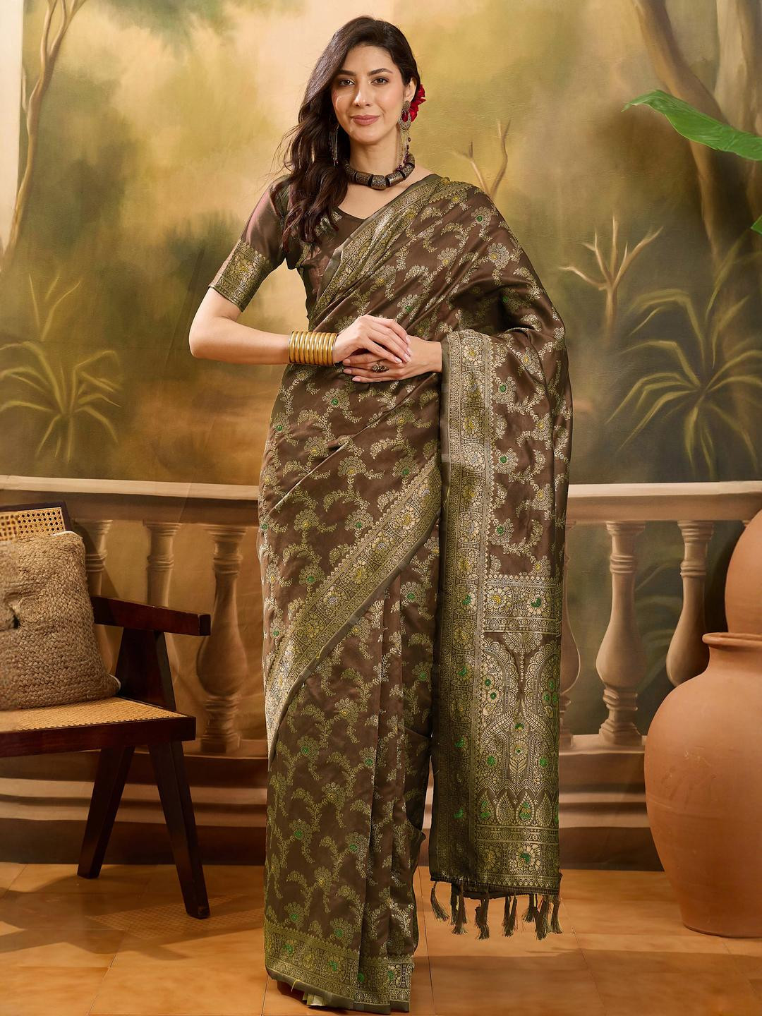 Sangria Coffee Brown Woven Design Silk Blend Sarees