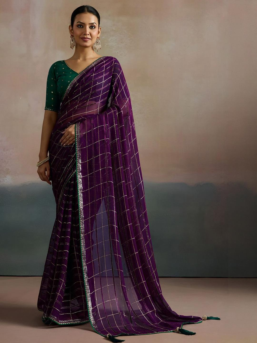 Mitera Checked Gotta Patti Embroidered Leheriya Saree