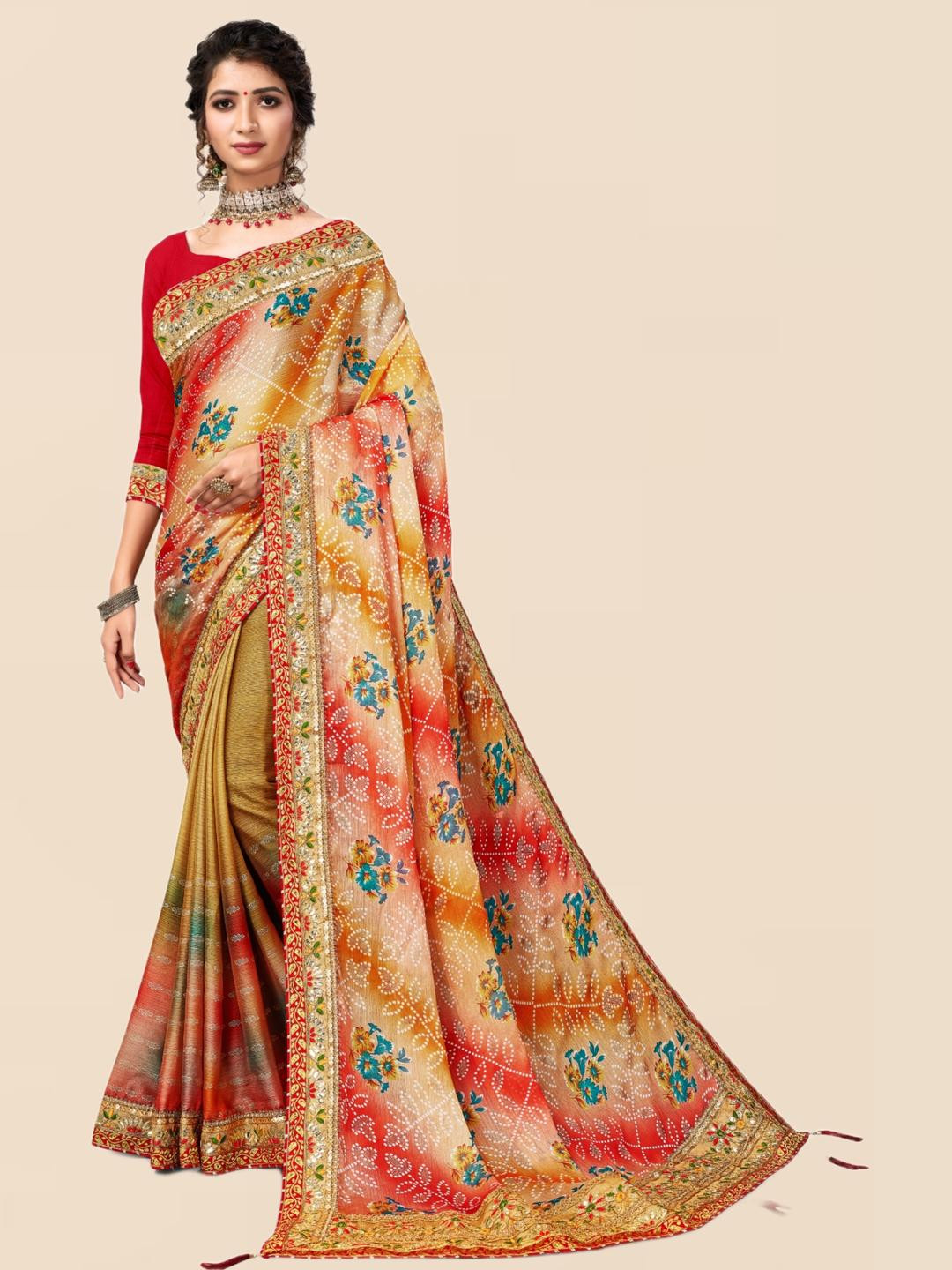 KALINI Beige Poly Chiffon Bandhani Sarees