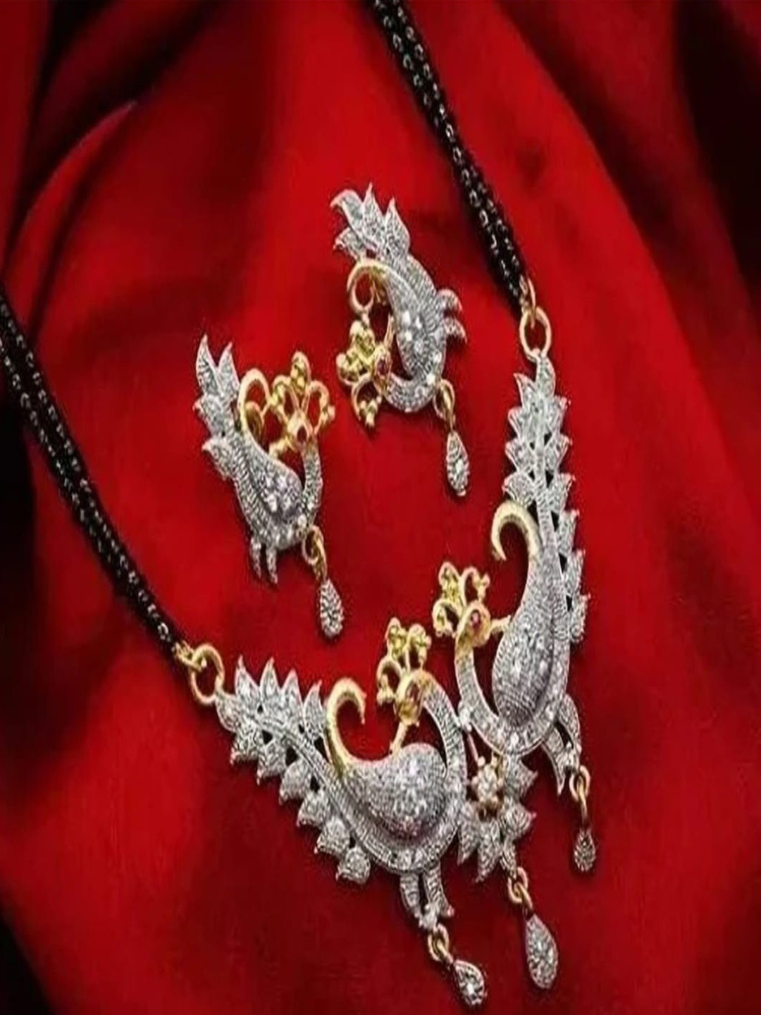 Sansik Artificial Stones Studded & Beaded Mangalsutra With Earrings