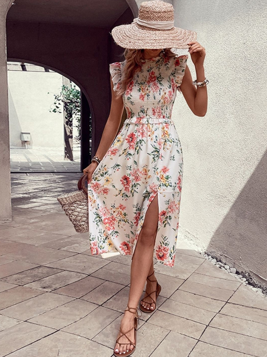 StyleCast Women Floral Printed Ruffles Sleeveless Smocked Fit & Flare Midi Dress