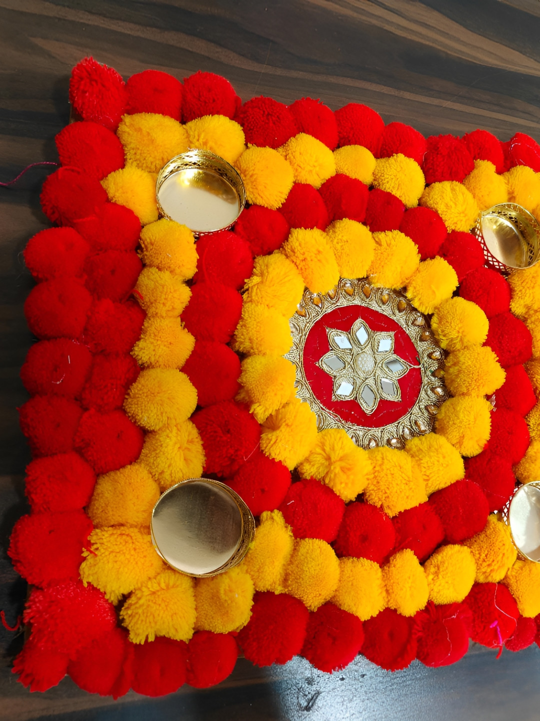 Sellplus Yellow & Orange 4 Pieces Square Plate Decorated With Pompom Candle Holders
