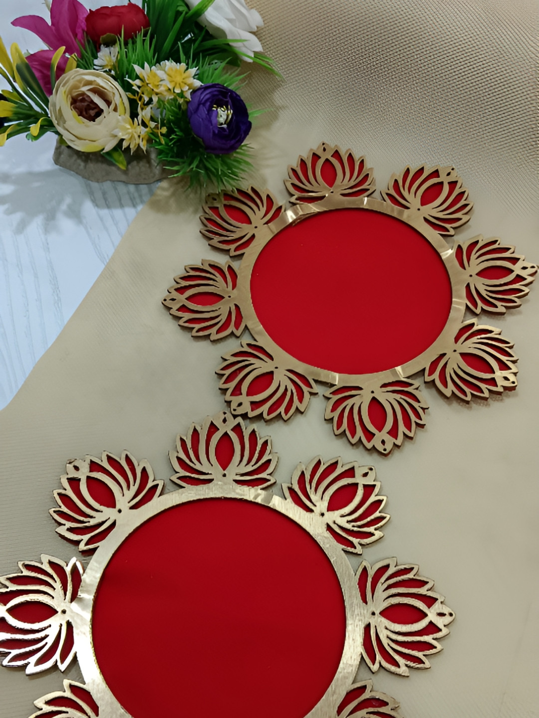 Sellplus Red & Yellow 2 Pieces Lotus Rangoli Stickers Festive Decors