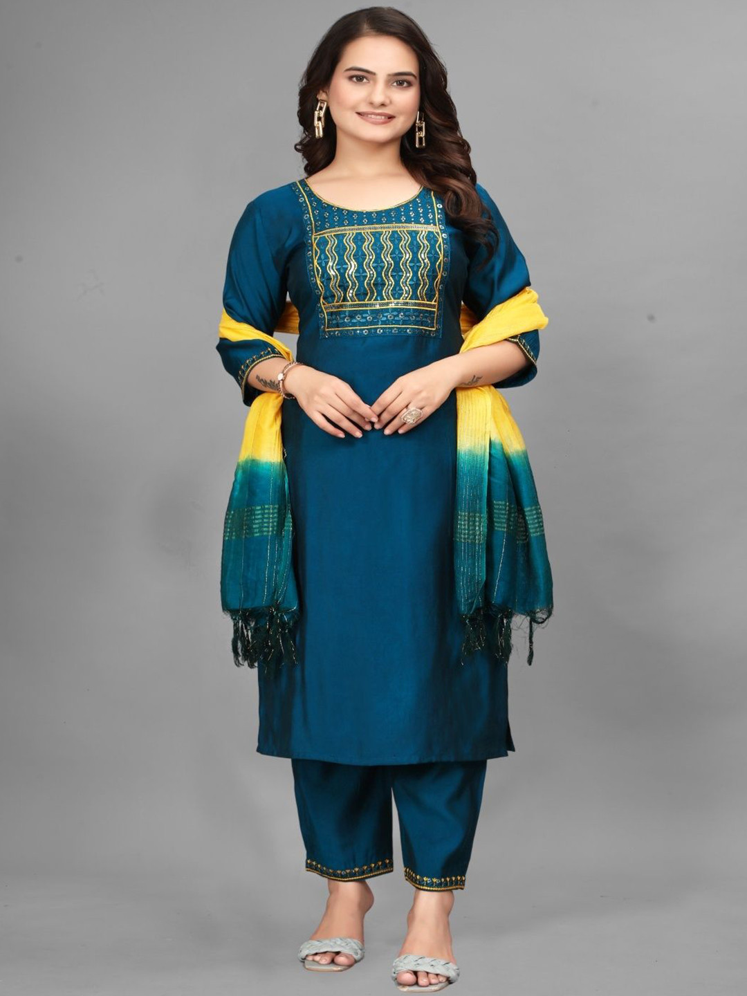 ANJANA NX Women Embroidered Sequinned Straight Kurta with Trousers & Dupatta