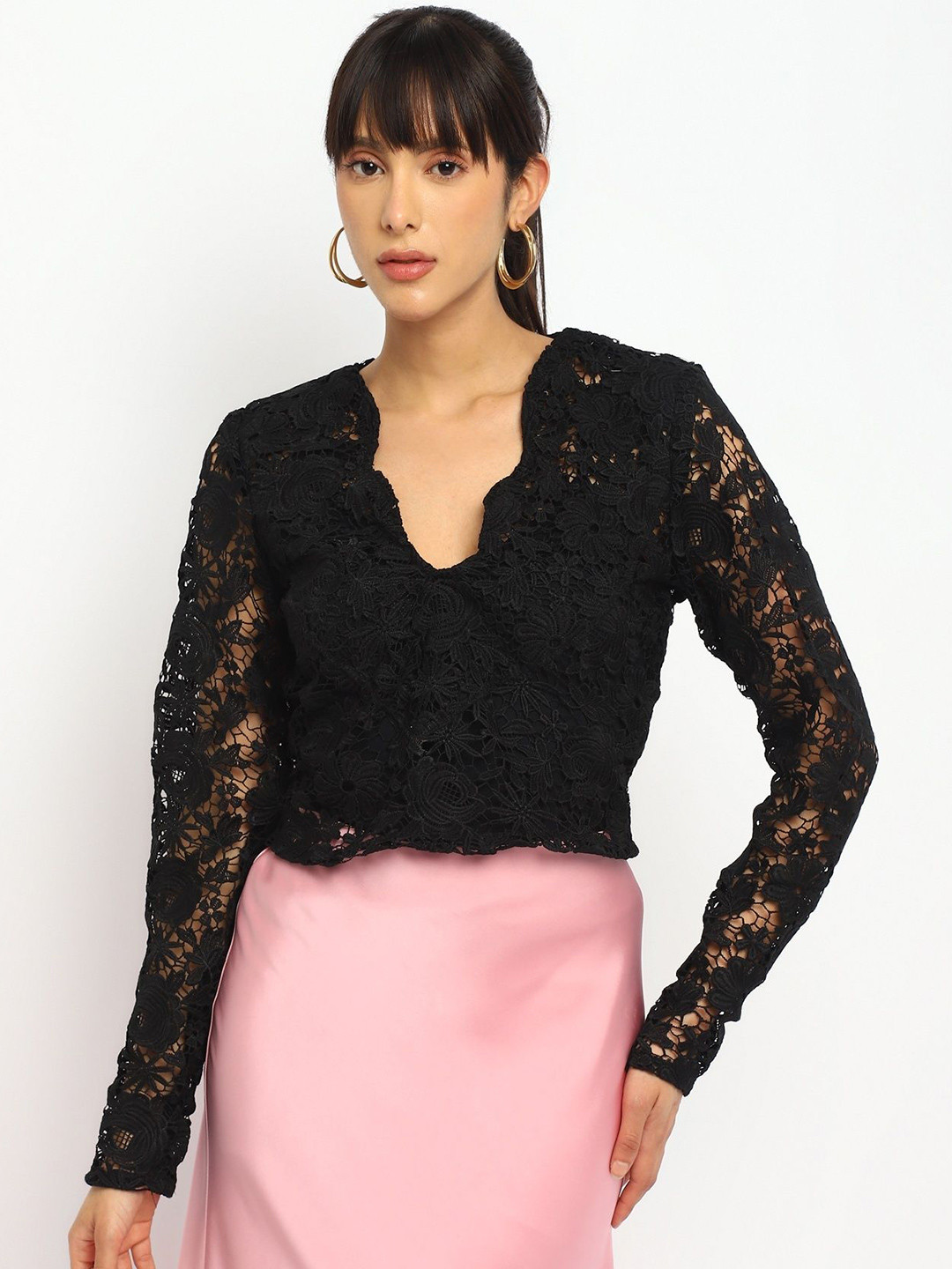 theulluu.com Women V-Neck Long Sleeves Lace Top