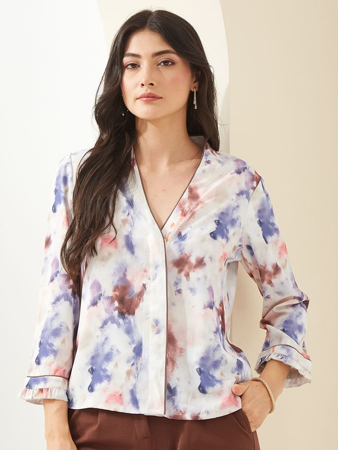 Latin Quarters Women V-Neck Tie and Dye Print Shirt Style Top