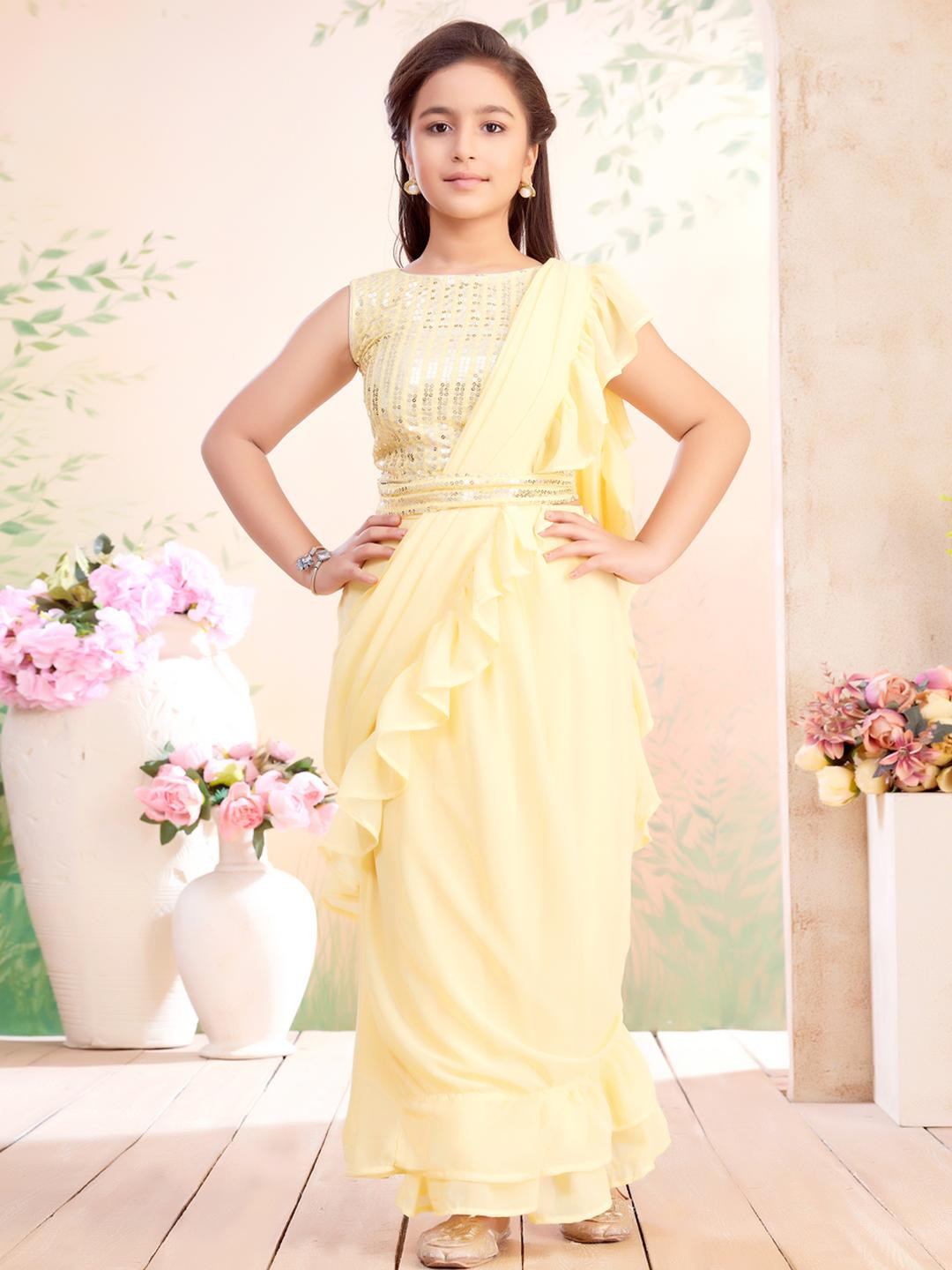 Muhuratam Kids Girls Yellow Georgette Embellished Sequinned Ready to Wear Lehenga Choli