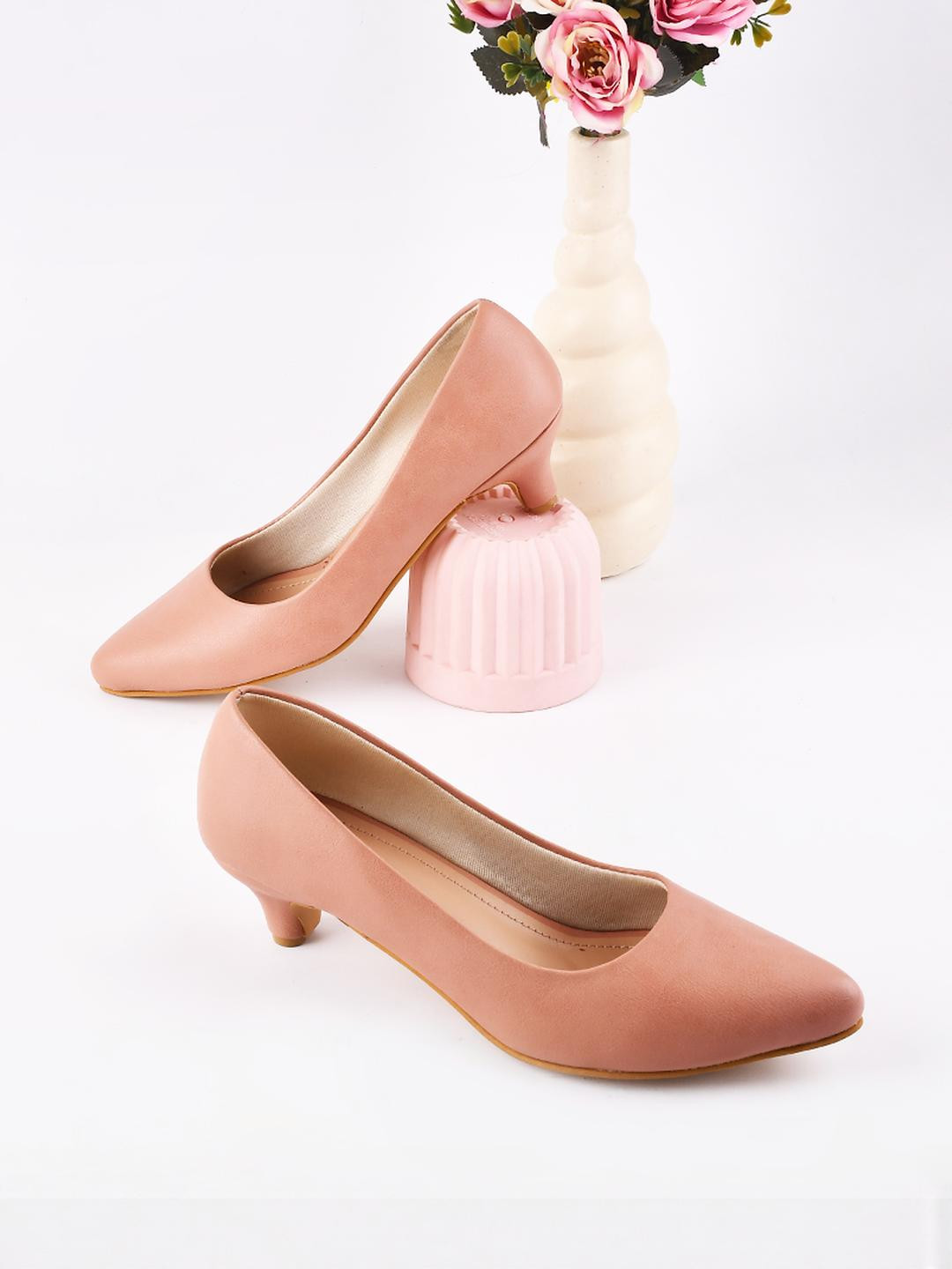 Dollphin Women Peach Solid Synthetic Pointed Toe Closed Back Party Block Bellies
