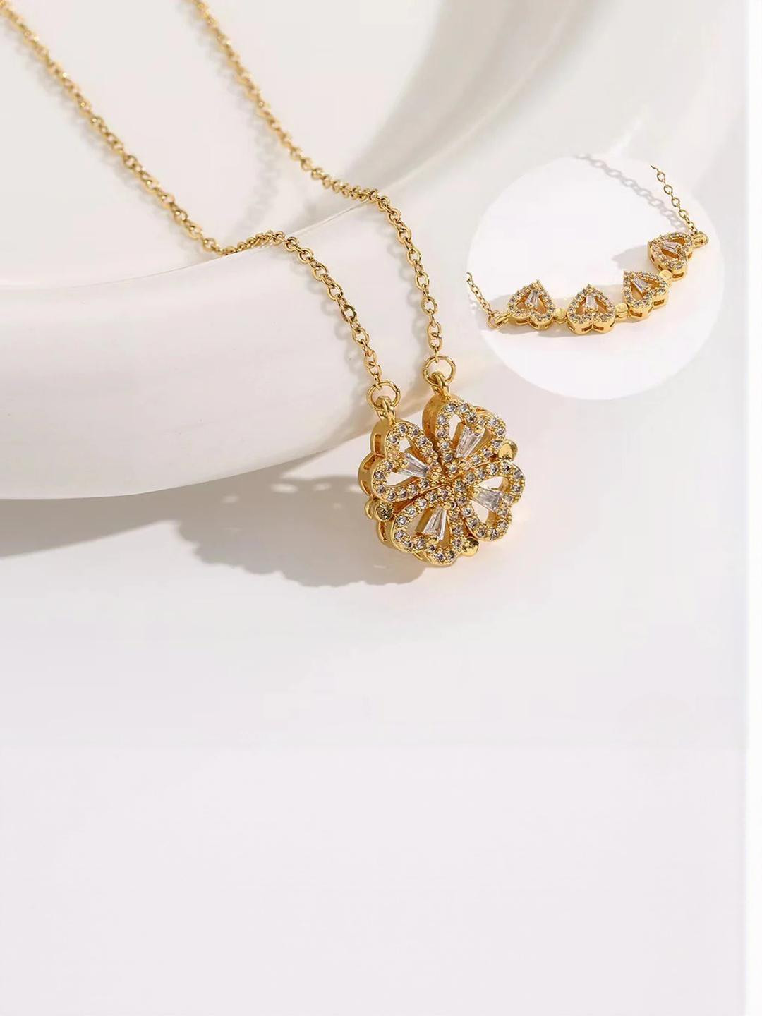 DressBerry Gold-Plated Love Heart And Four Leaf Clover Magnetic Pendant Necklace