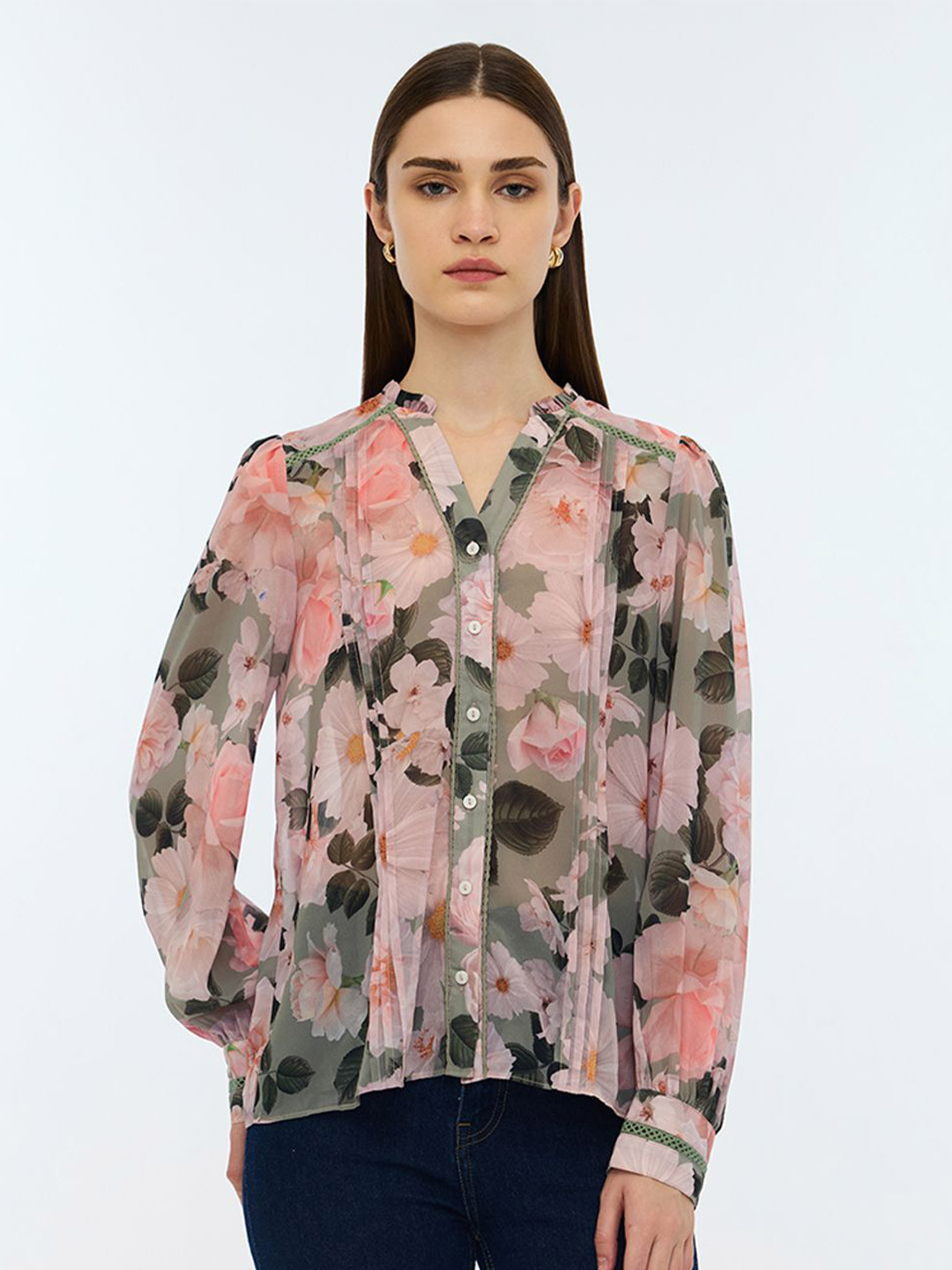 COVER STORY Women Floral Printed Sheer Blush Toned Top