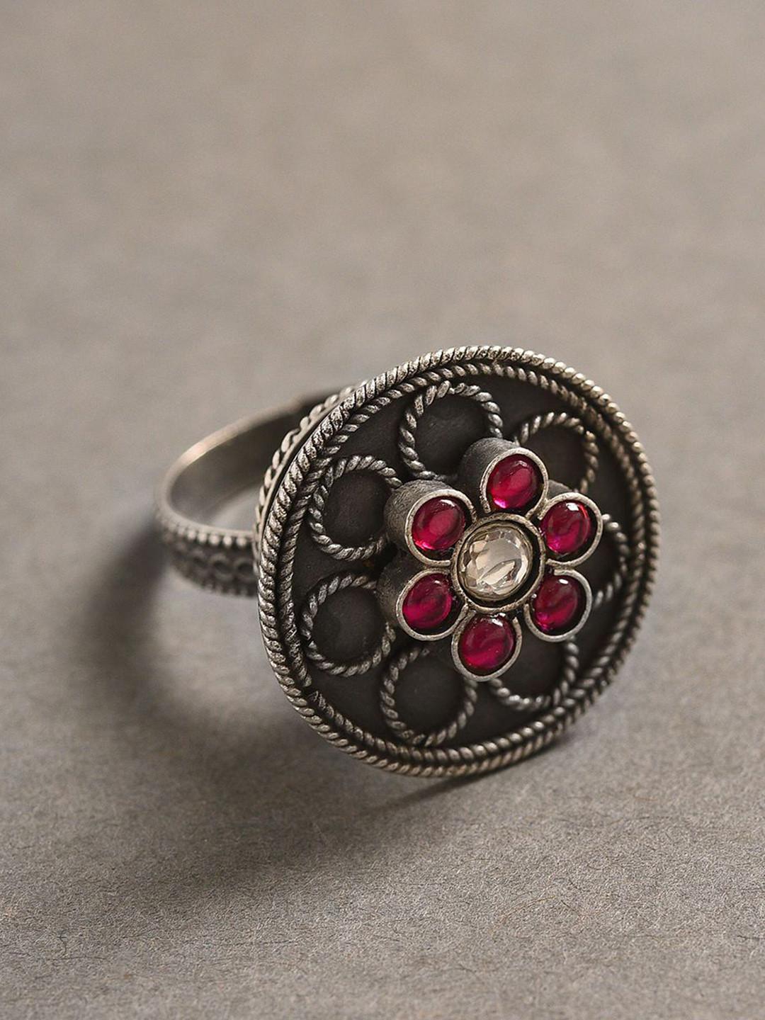 JAYPORE Stone Studded Antique Silver Adjustable Finger Ring