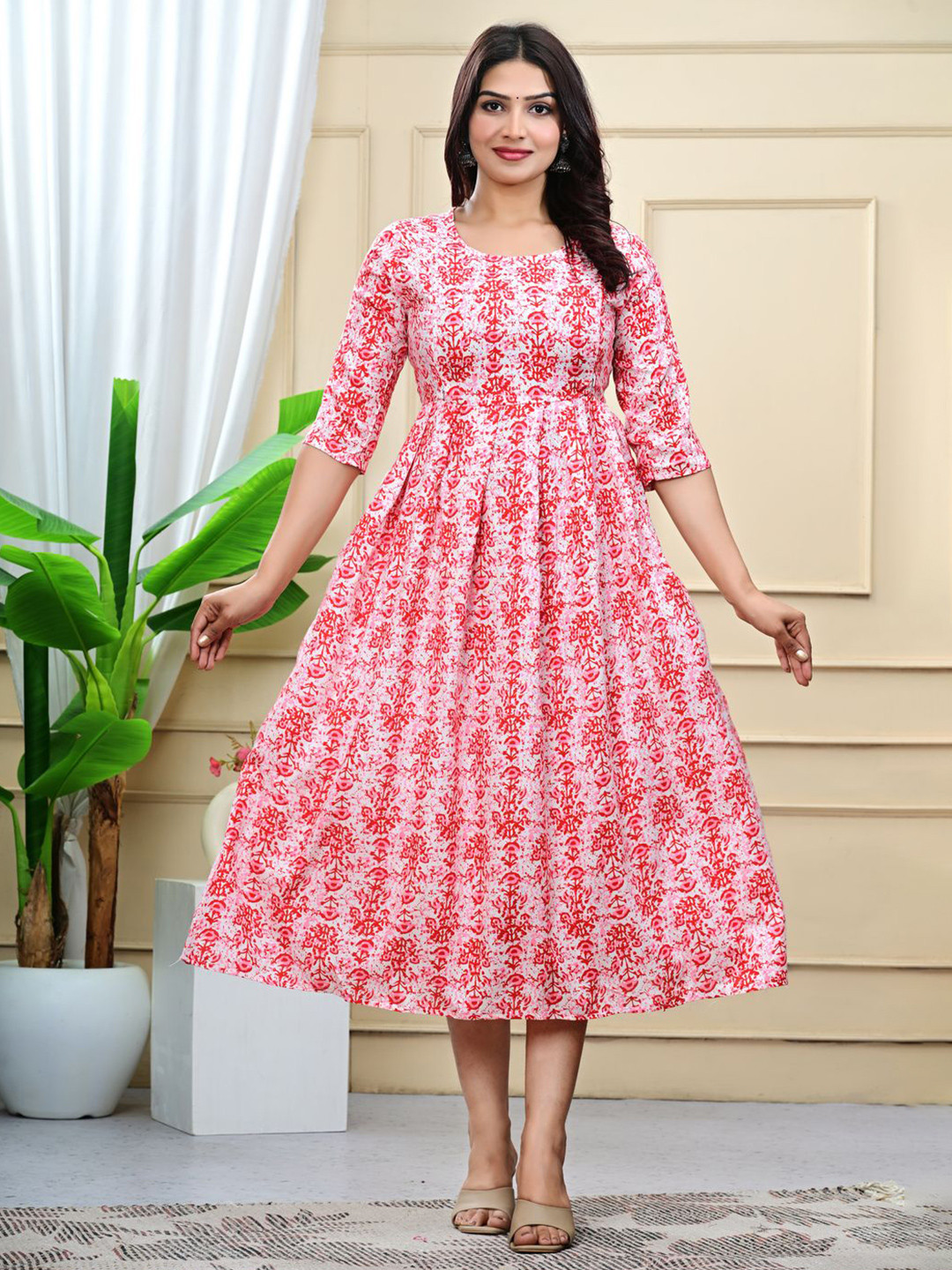 WE PERFECT Geometric Printed Pure Cotton Round Neck Maternity A-Line Ethnic Dress