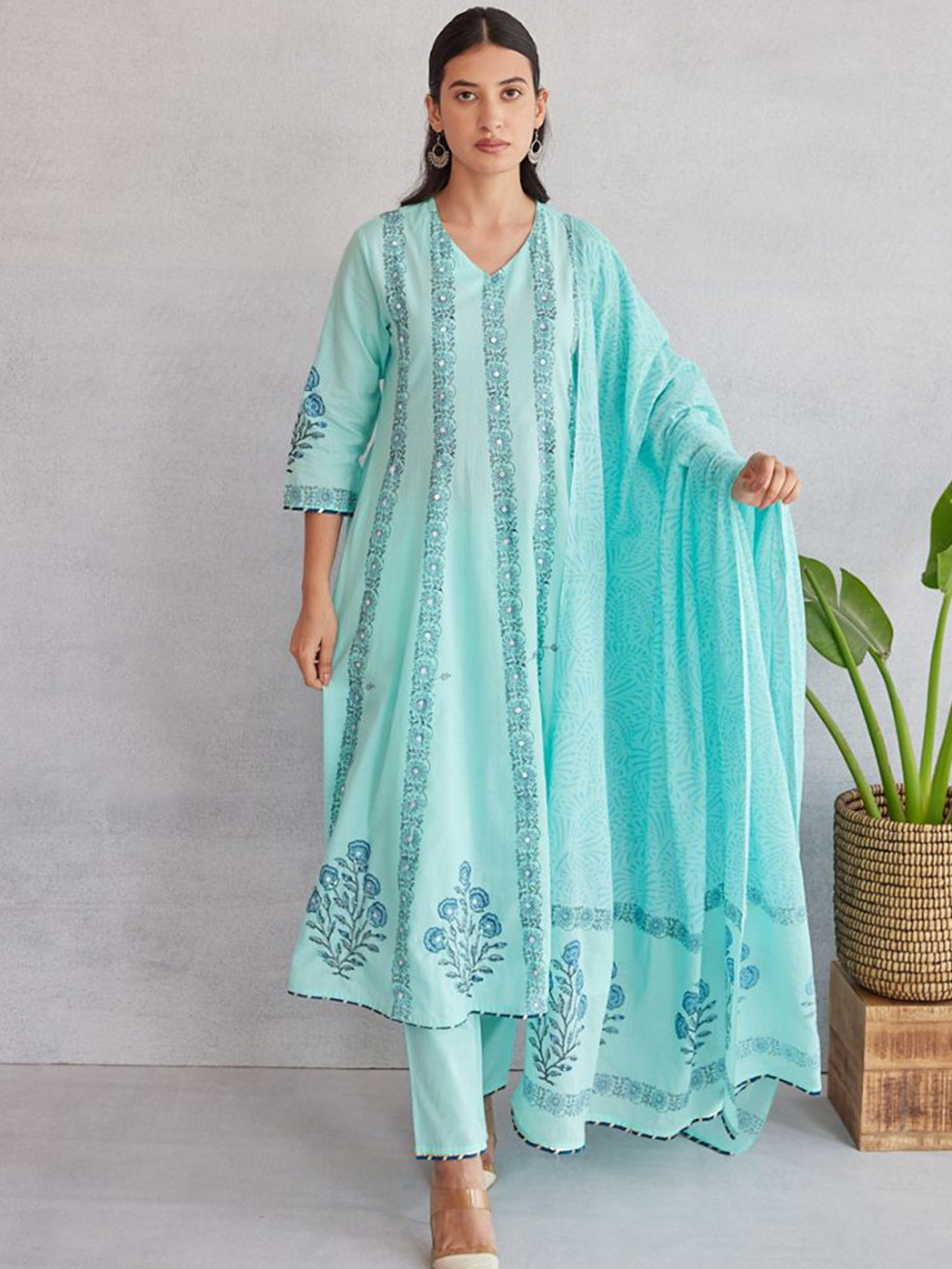 MAAND Women Block Print with Addawork Regular Pure Cotton Kurta with Trousers & Dupatta