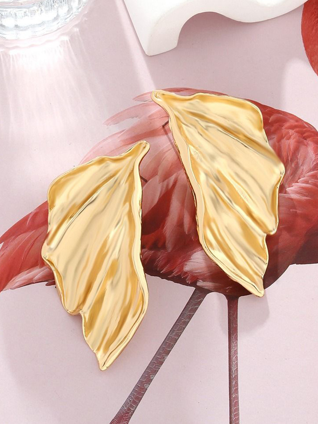 VIEN Stainless Steel Gold-Plated Twisted Leaf Shaped Drop Earrings