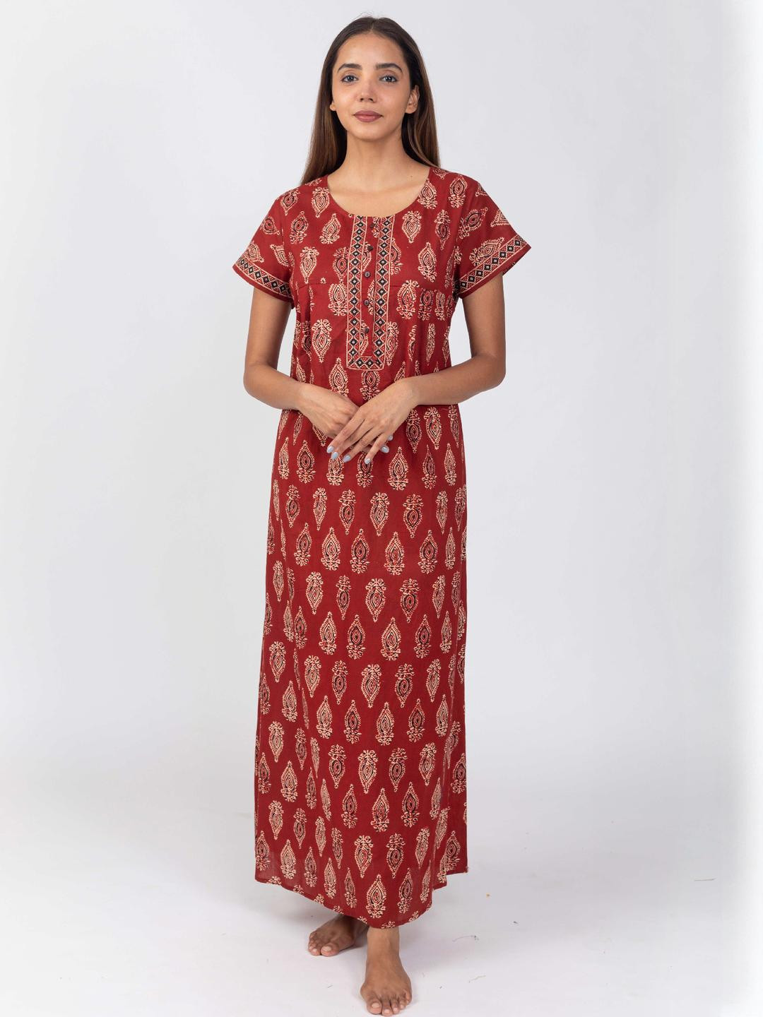 Nihsamah Women Rust Printed Pure Cotton Button-Up Maxi Nightdress