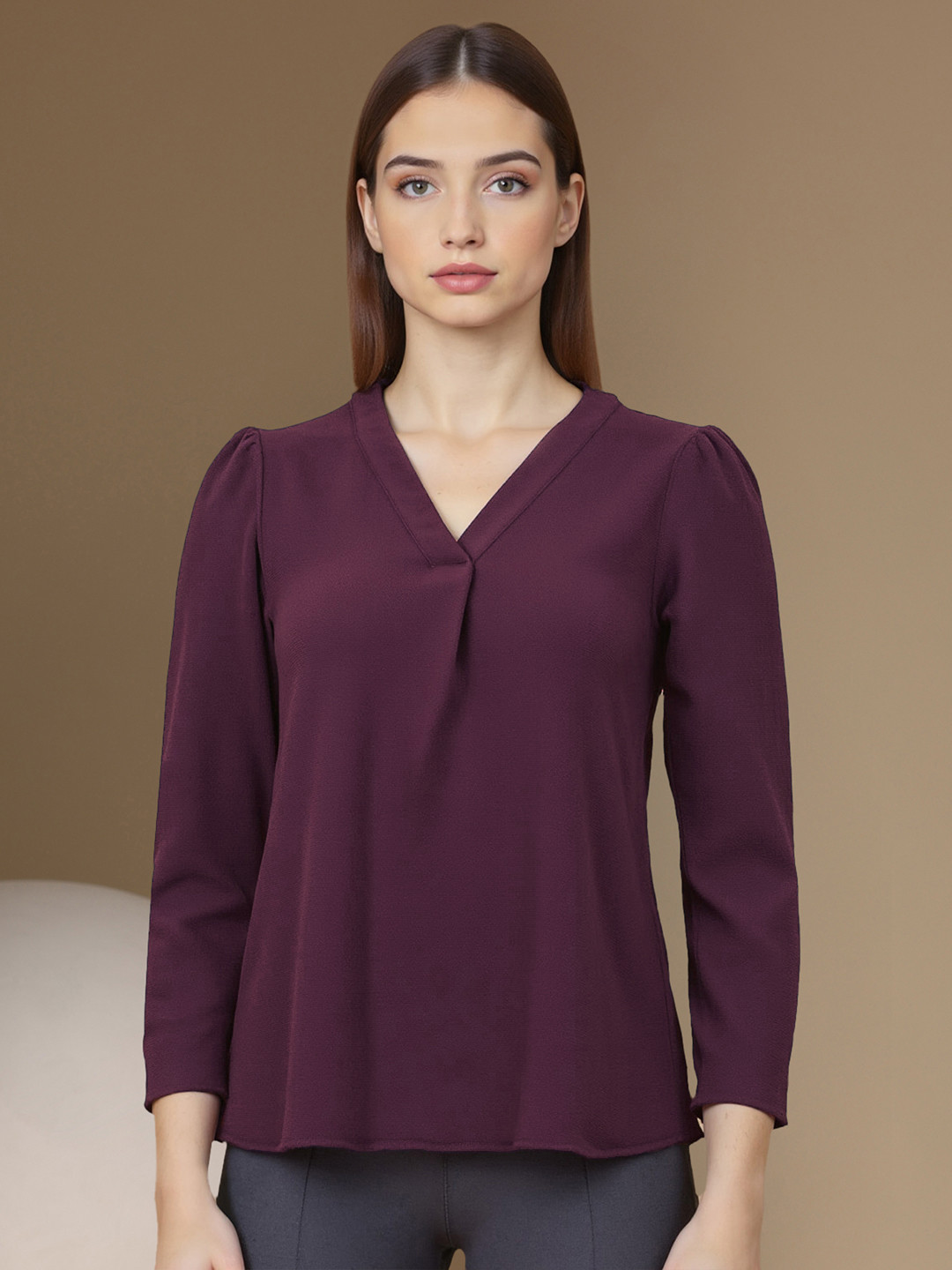 Chemistry Women Purple Solid Textured V-Neck Top