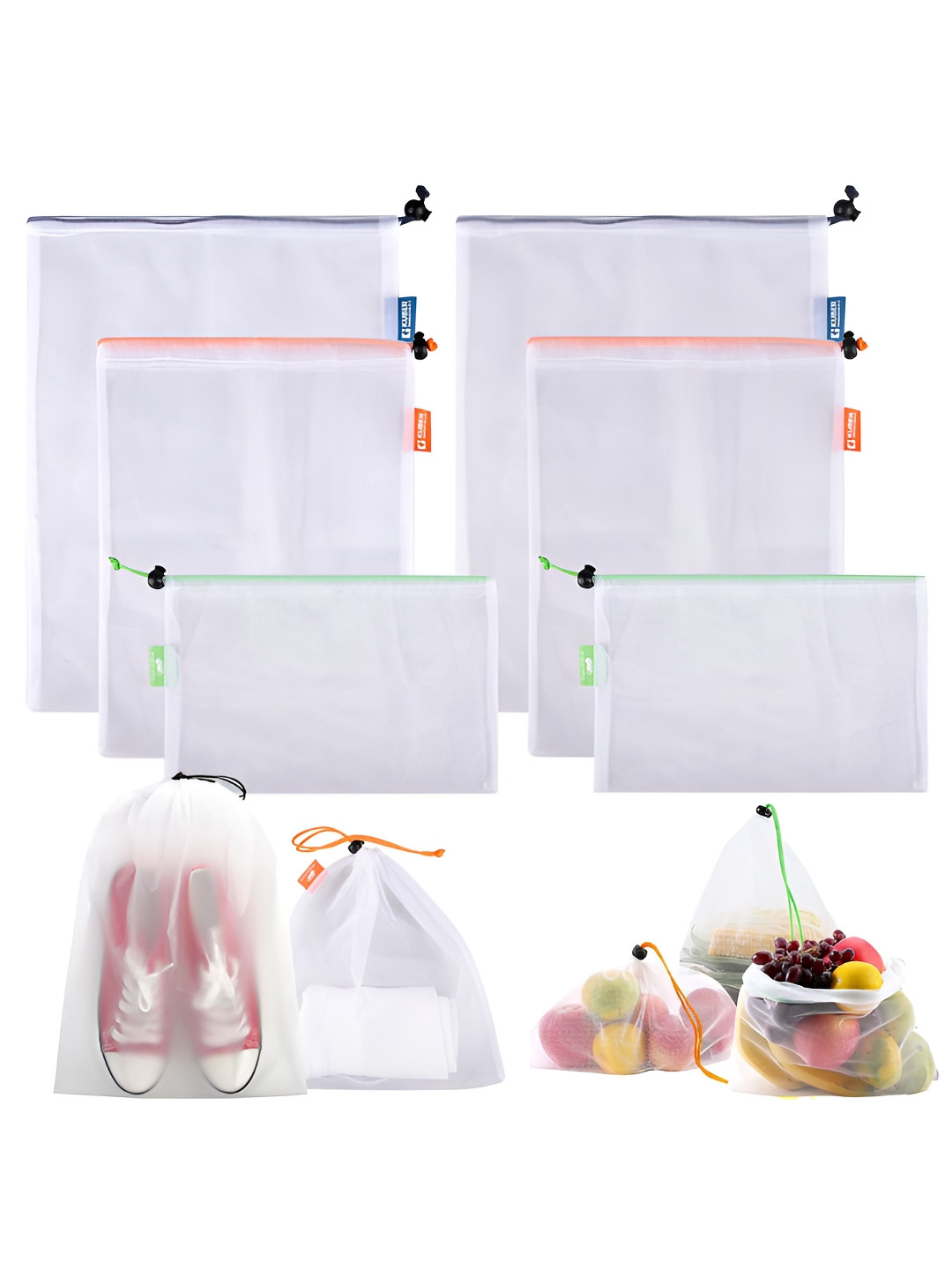 Aura White & Blue 6 Pieces Reusable Mesh Storage Bag Organisers