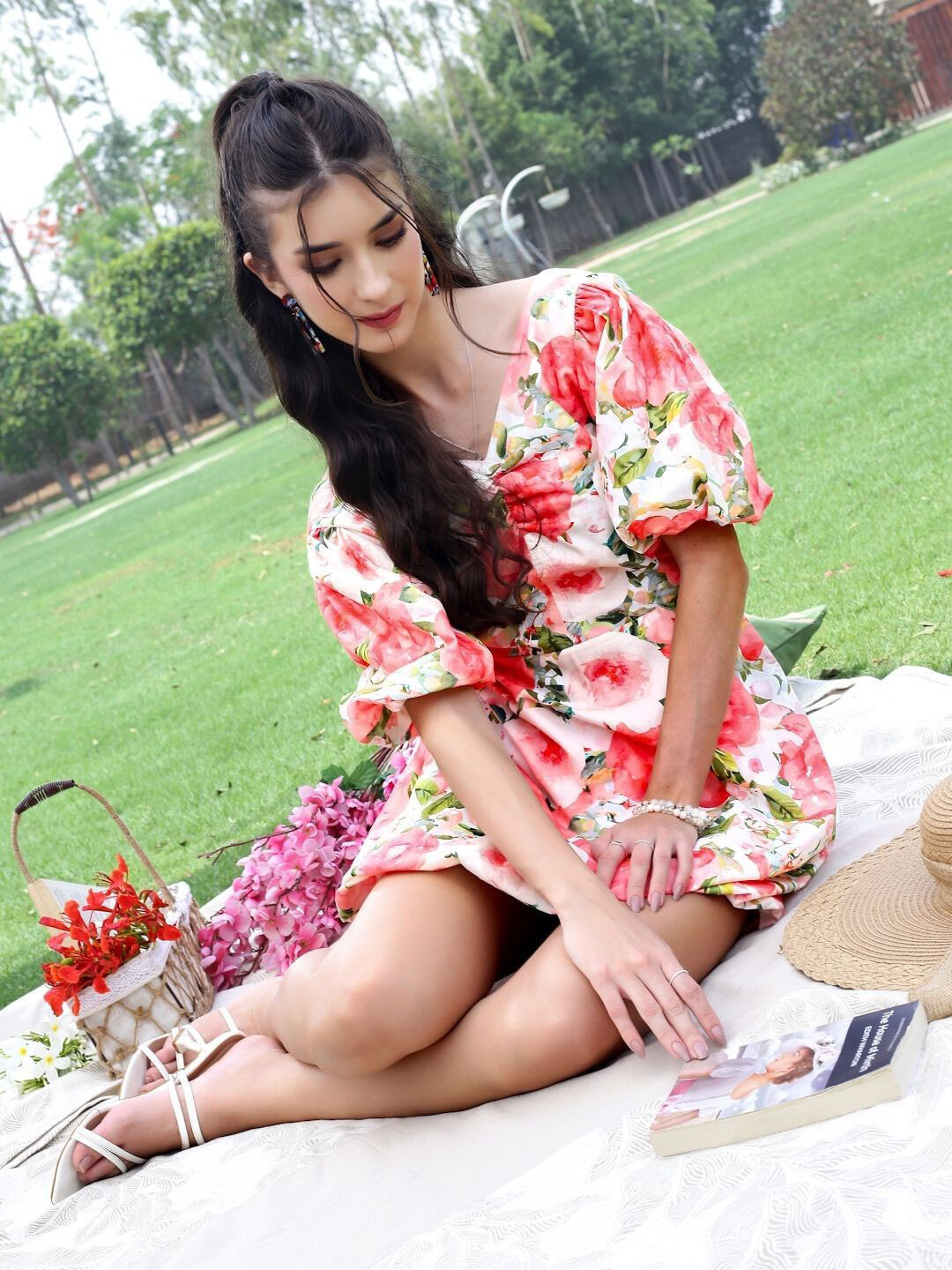 Sera Women Floral Printed Puff Sleeve Cotton Balloon Mini Dress