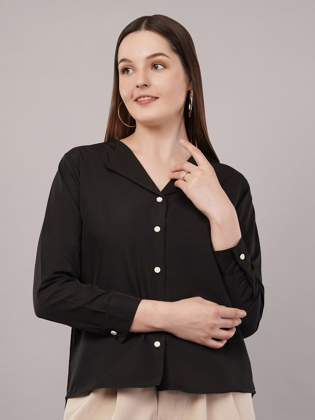 Glitter fashion Women Straight Fit Solid Cuban Collar Casual Shirt