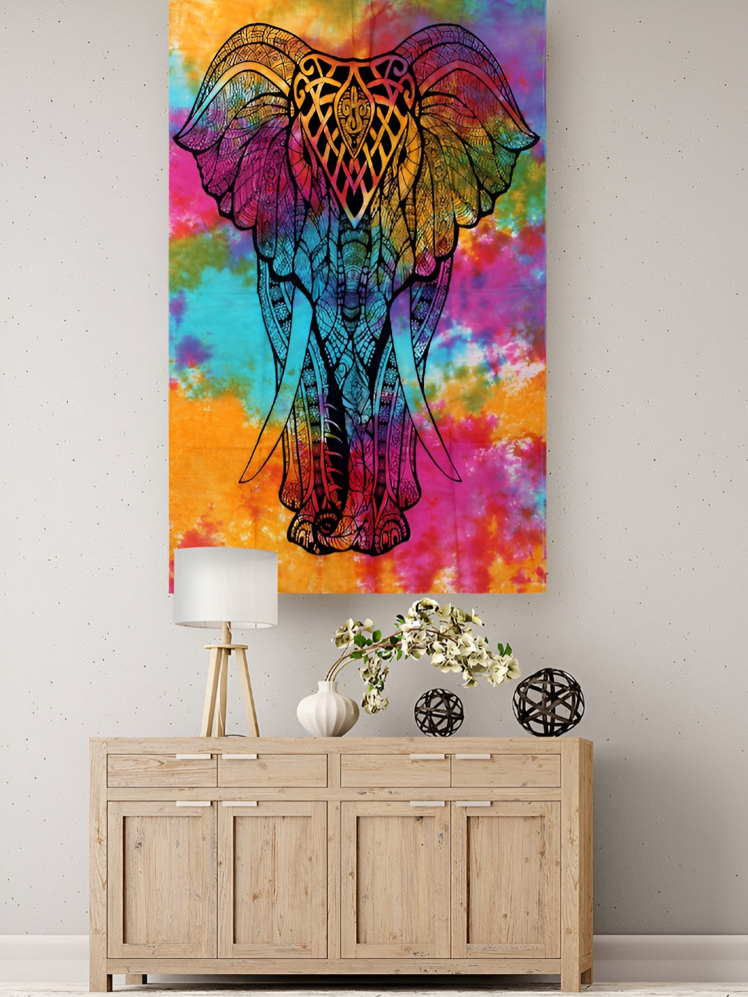 HANDICRAFT PALACE Pink & Yellow Elephant Printed Pure Cotton Wall Hanging Tapestry