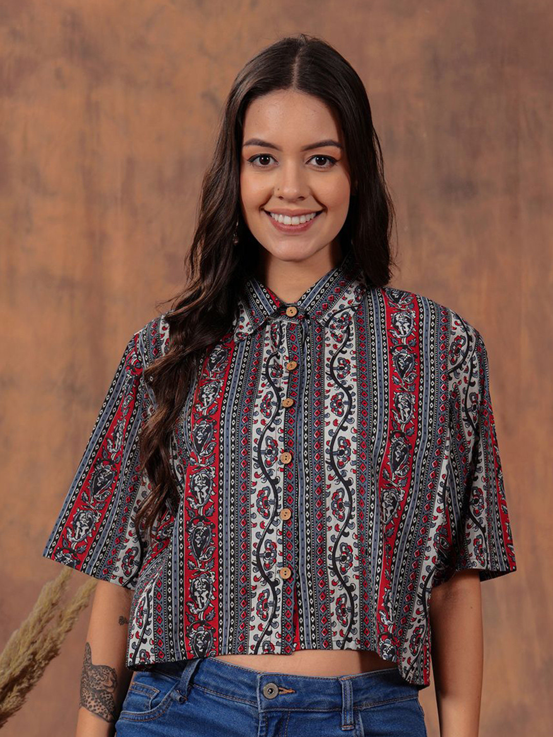 KALAMIR Women Original Fit Ethnic Motifs Printed Spread Collar Cotton Casual Shirt