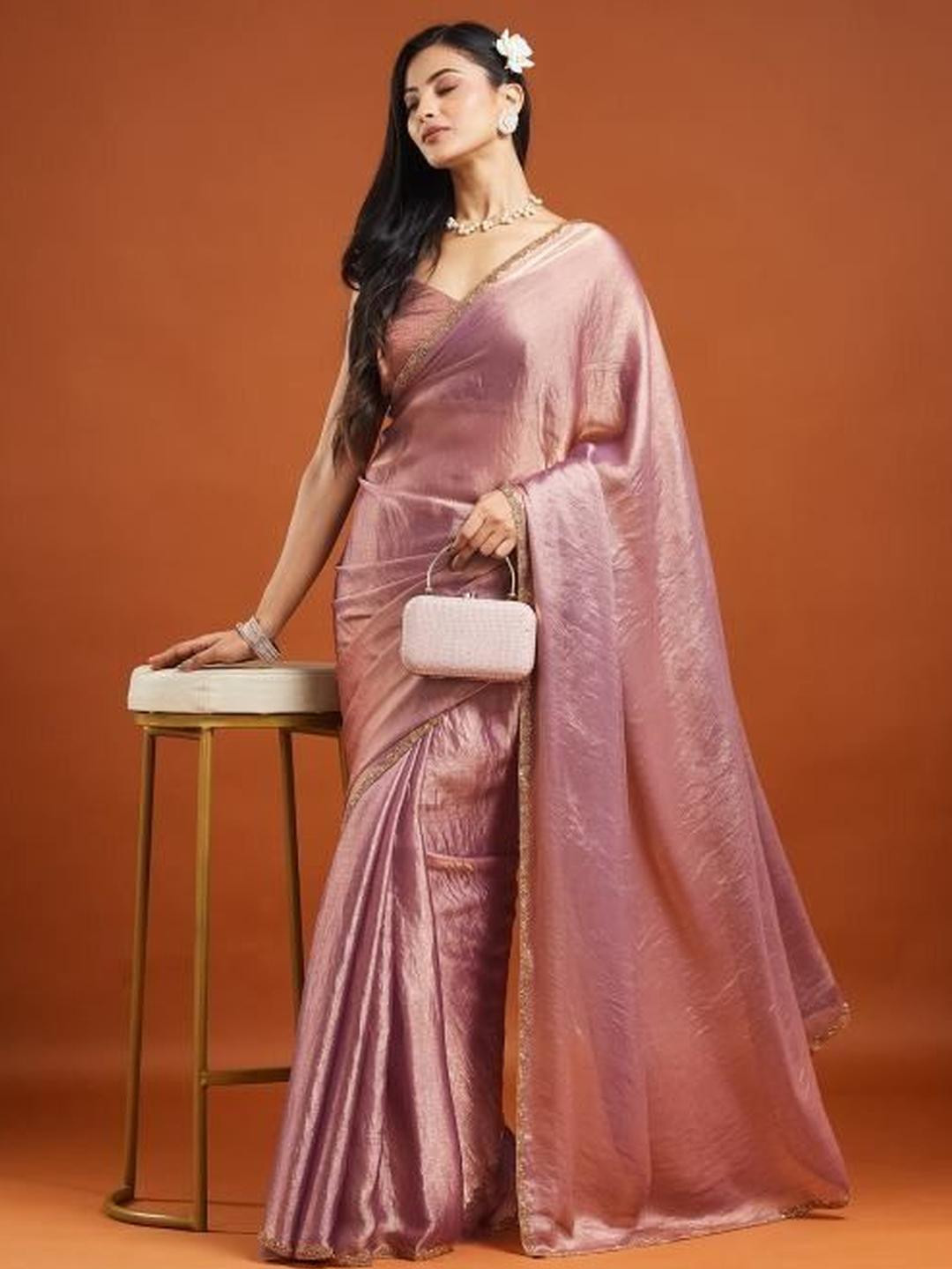 LOROFY Embellished Beads and Stones Chanderi Saree With Blouse Piece