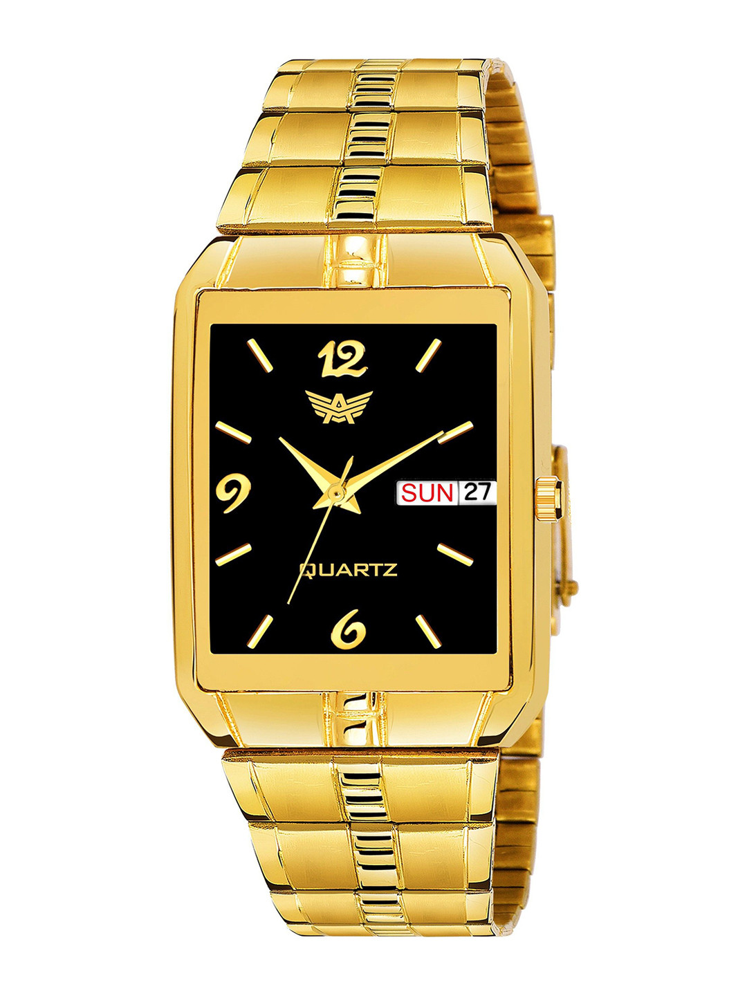 Abrexo Men Bracelet Style Date Aperture Analogue Watch Abx9151-Black Gold+C2 Chain+C2