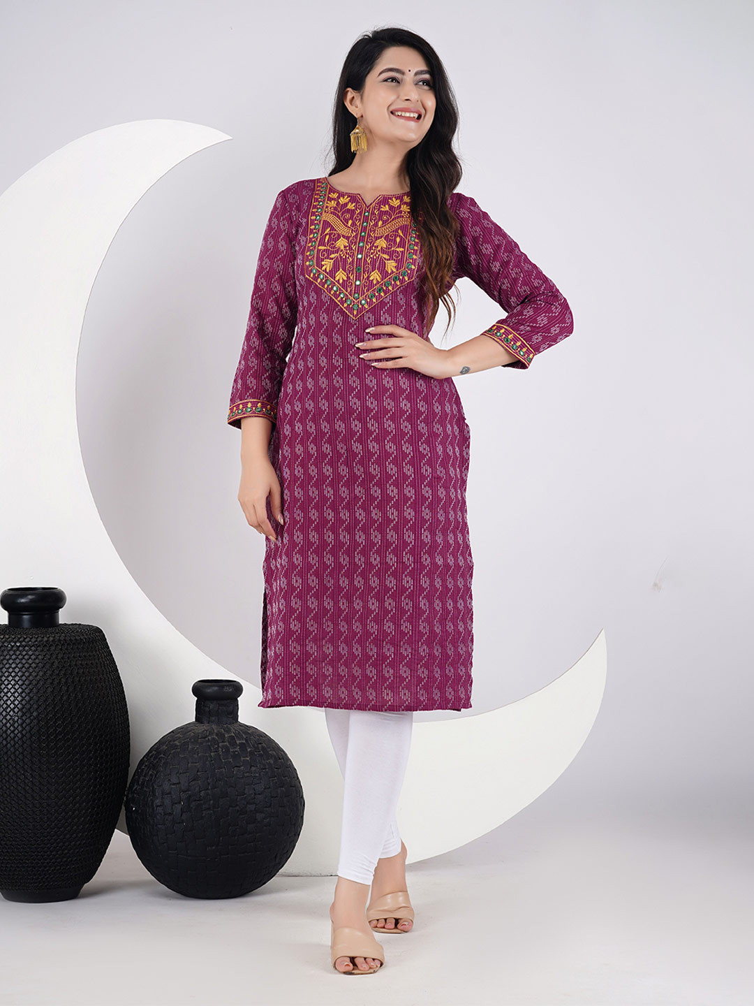 ZELA Ethnic Motifs Embroidered Notch Neck Thread Work Cotton Straight Kurta