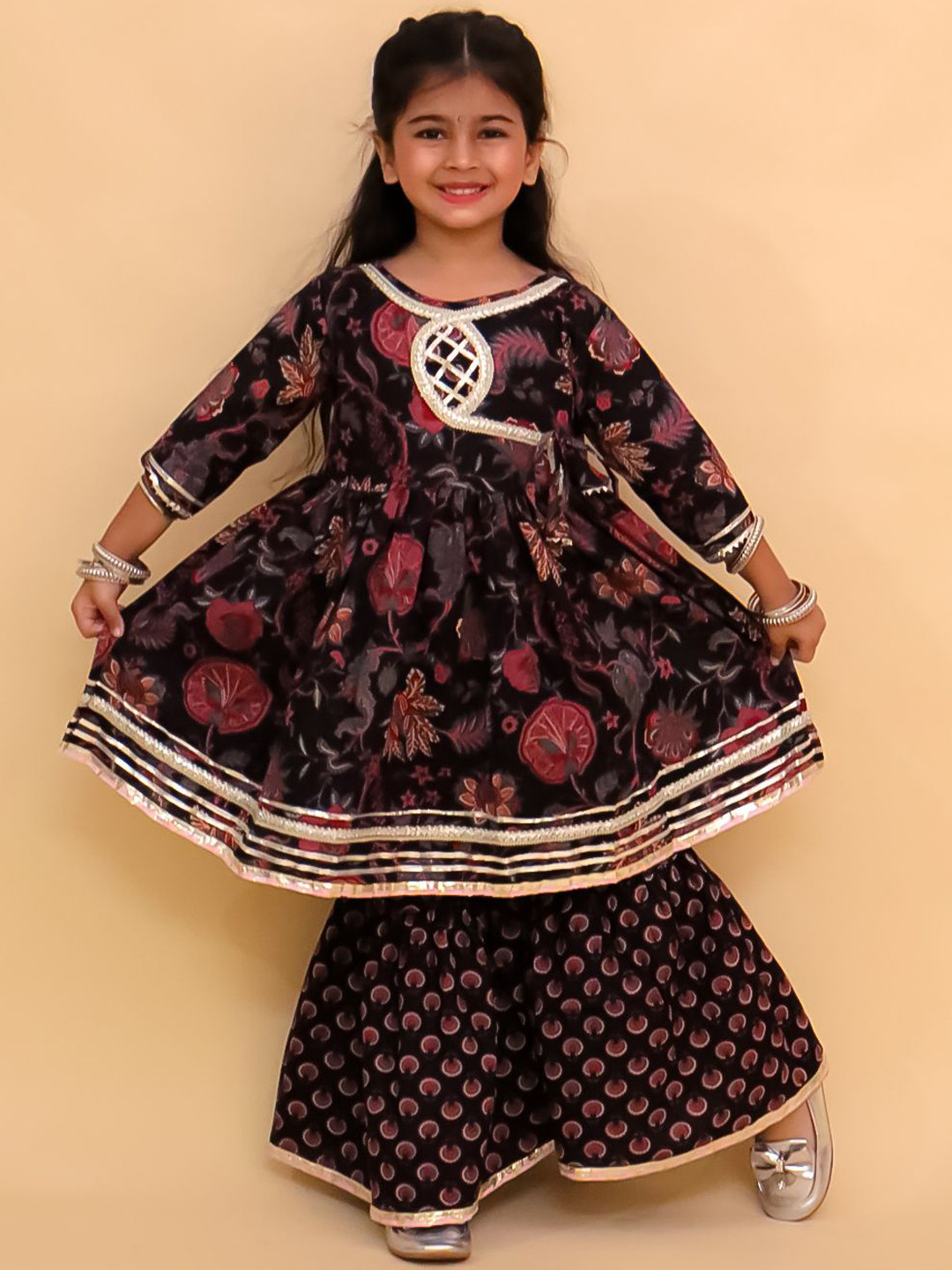 The Mom Store Girls Printed Angrakha Gotta Patti Pure Cotton Anarkali  Kurta with Sharara