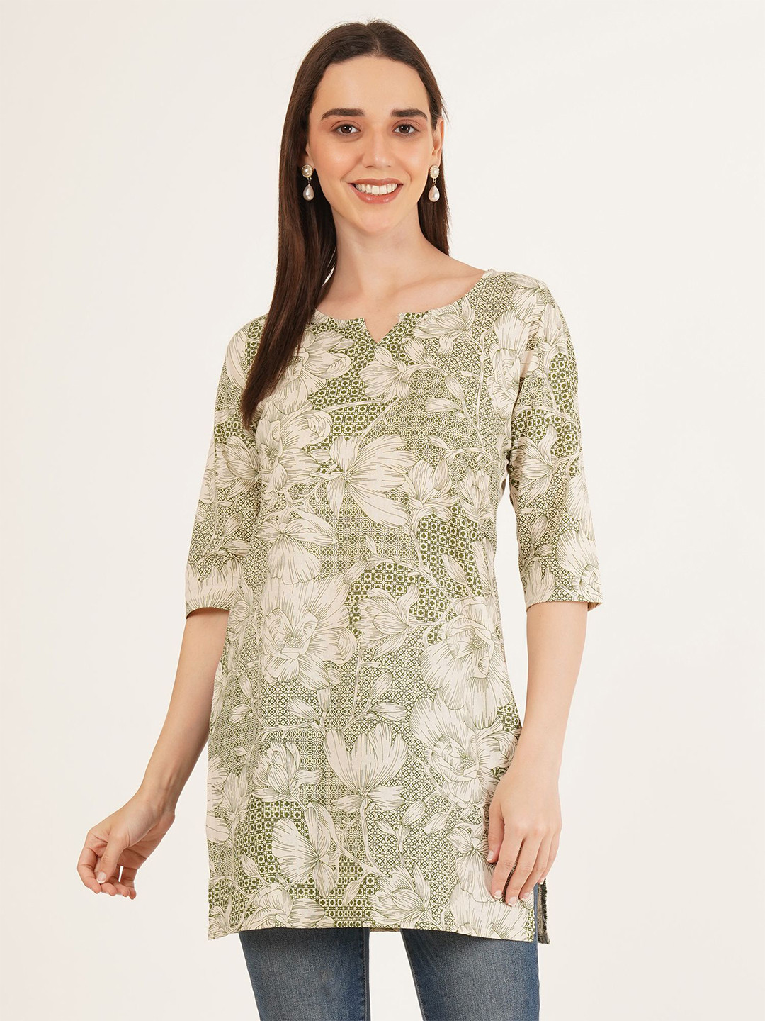 Brownverse Floral Printed Khadi Cotton Straight Kurti
