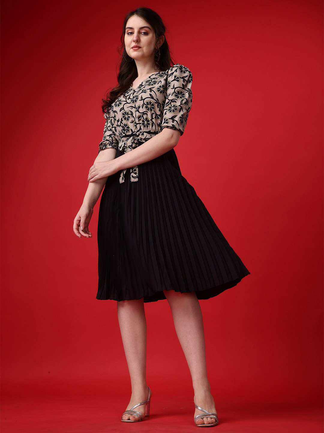 Pinly Women V-Neck Floral Printed Fit and Flare Dress