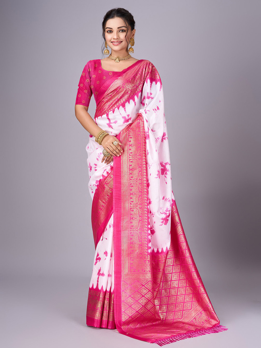 GHAN SALS Tie and Dyed Zari Chanderi Saree