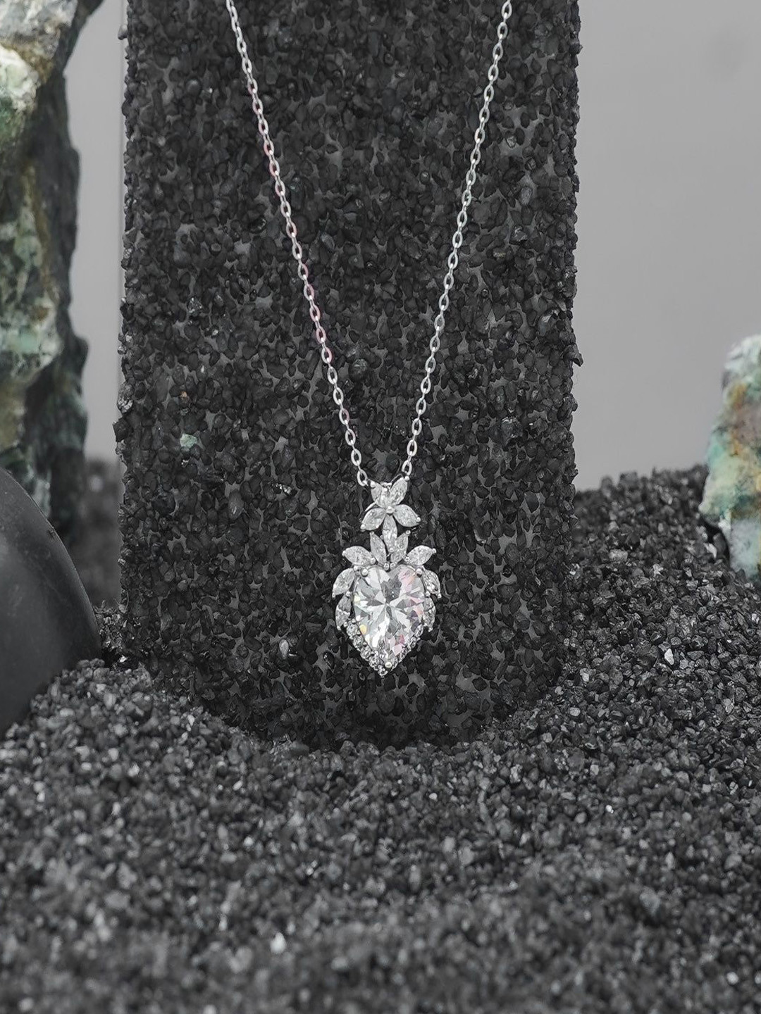 TASSYA Silver-Plated American Diamond Studded Heart Shaped Pendant With Chain