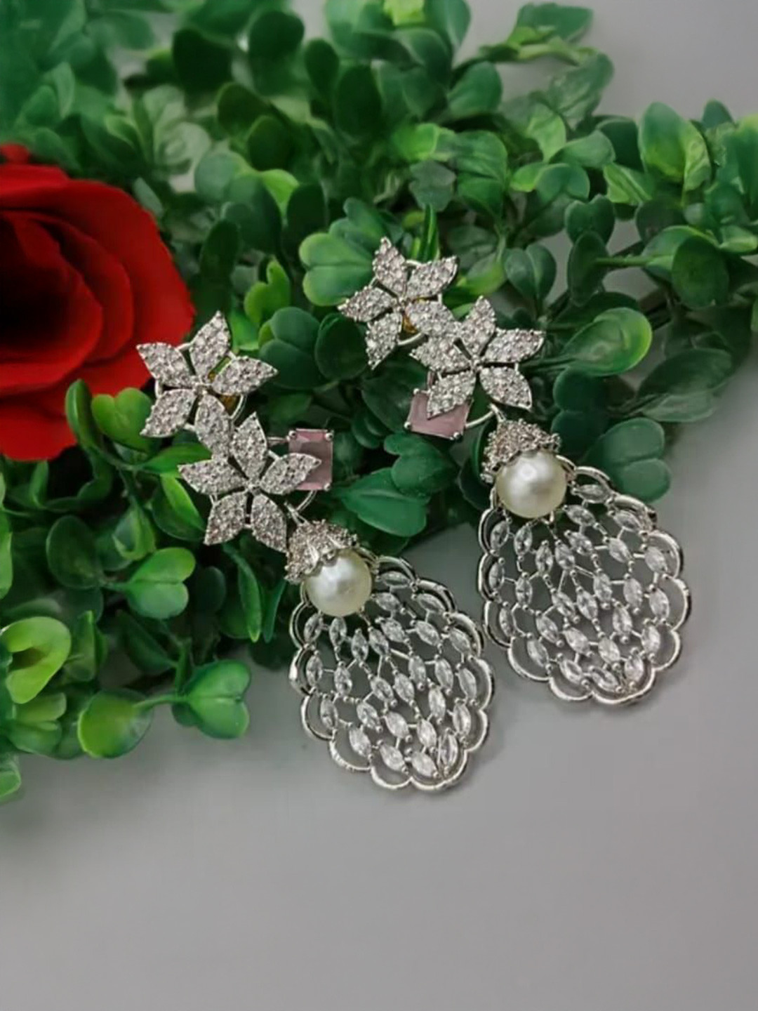 NEW AMBAJI ART JEWELLERY Silver Rhodium-Plated Studded & Pearls Beaded Drop Earrings