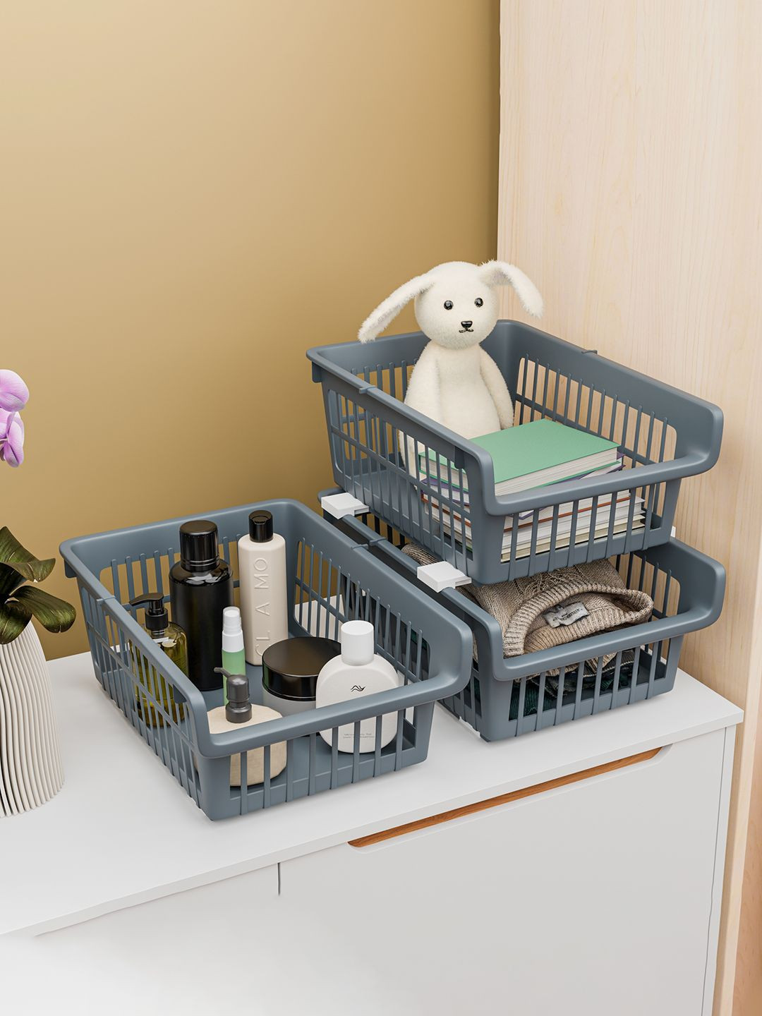 Kuber Industries Grey 3 Pieces Stackable Drawer Organisers