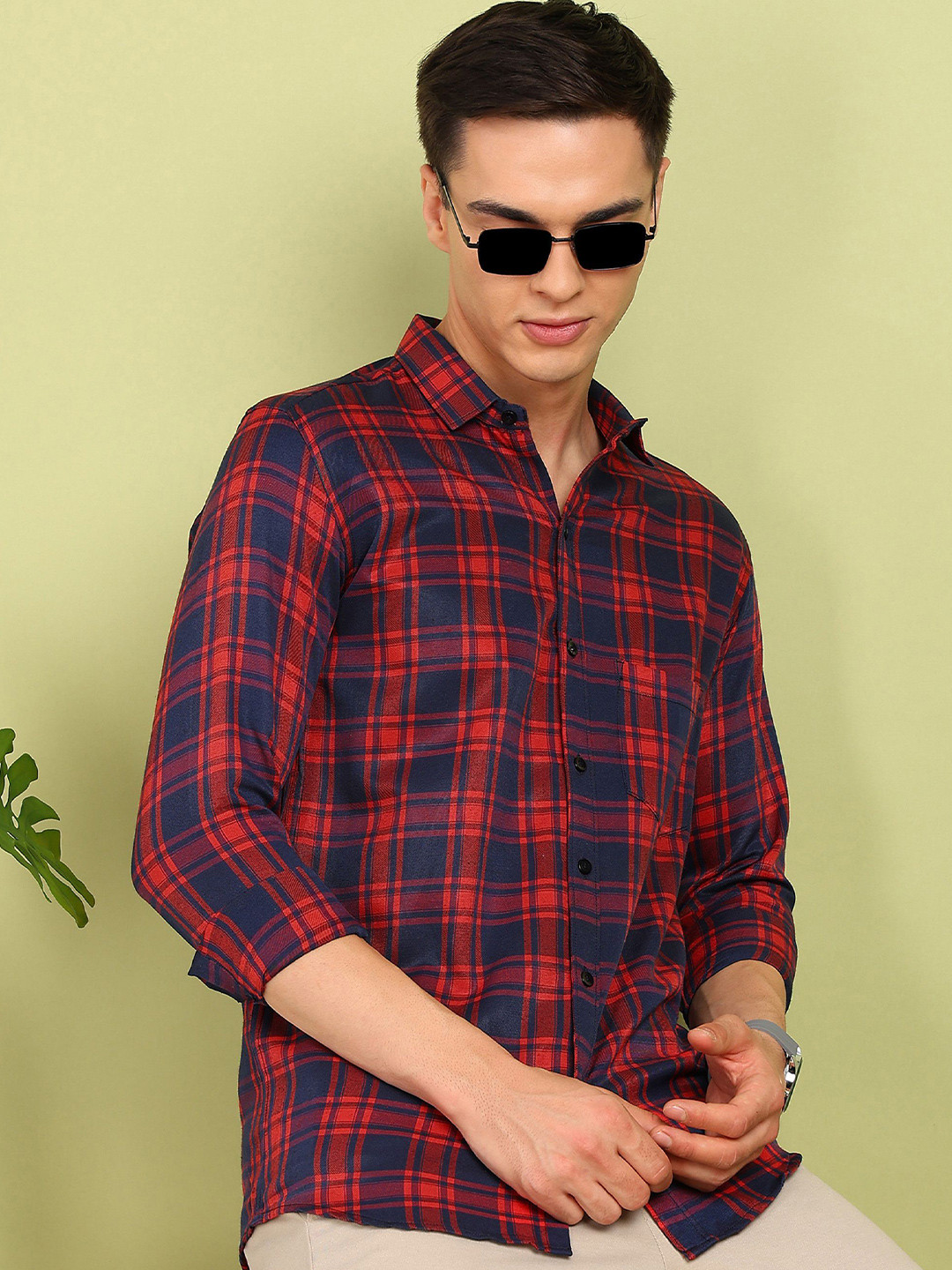 encore by INVICTUS Men Tartan Checked Spread Collar Cotton Casual Shirt