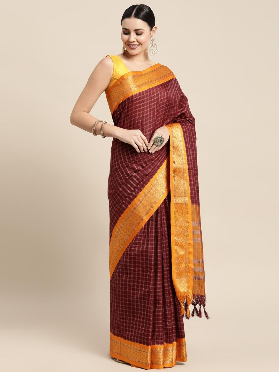 KALINI Maroon Silk Cotton Checked Sarees