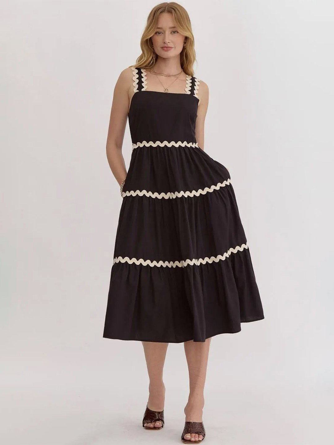 PTVIZE Women Shoulder Straps Fit and Flare Tiered Midi Dress