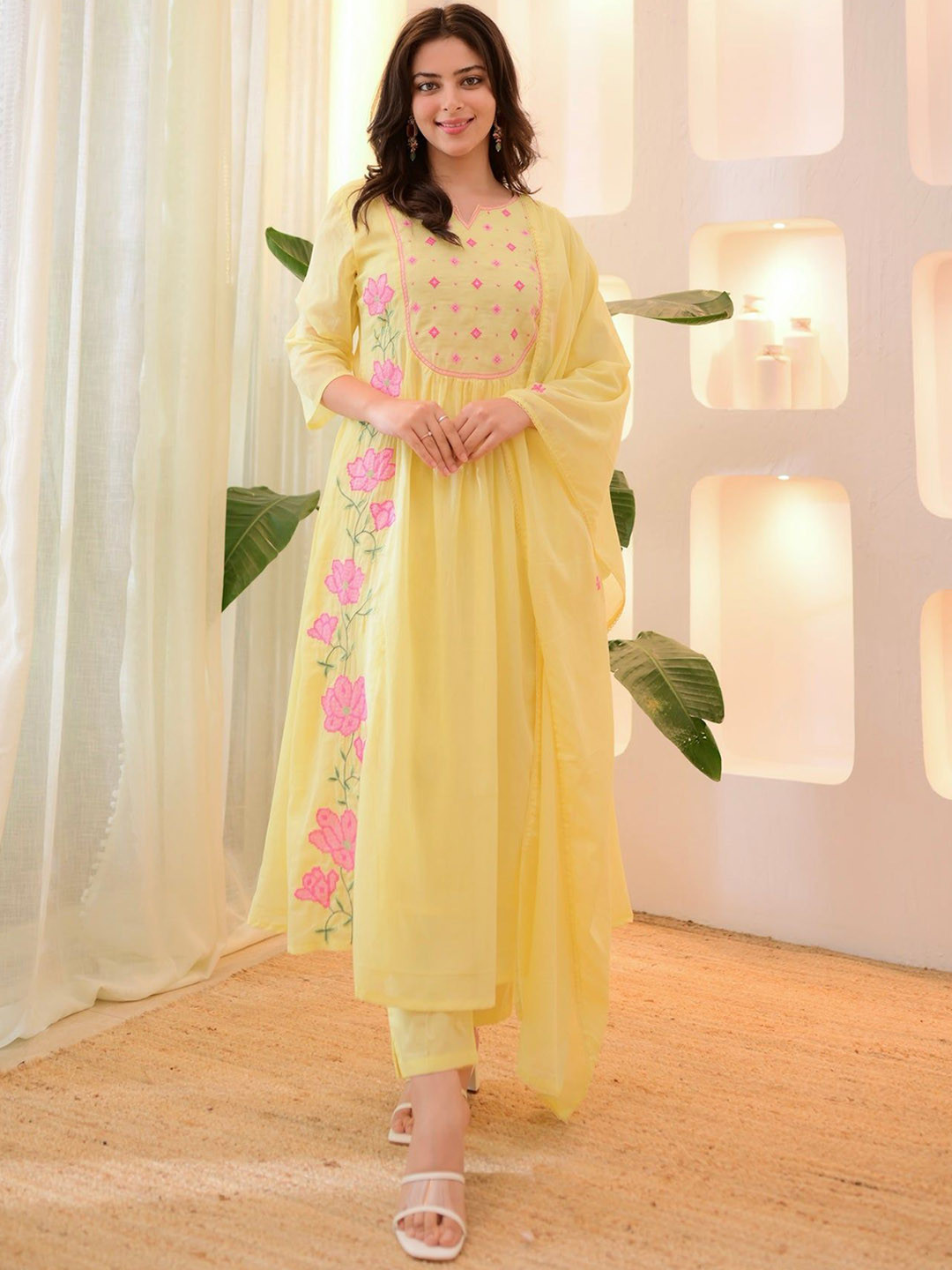 Brand Hill Floral Embroidered Notch Neck Thread Work A-Line Kurta With Trousers & Dupatta