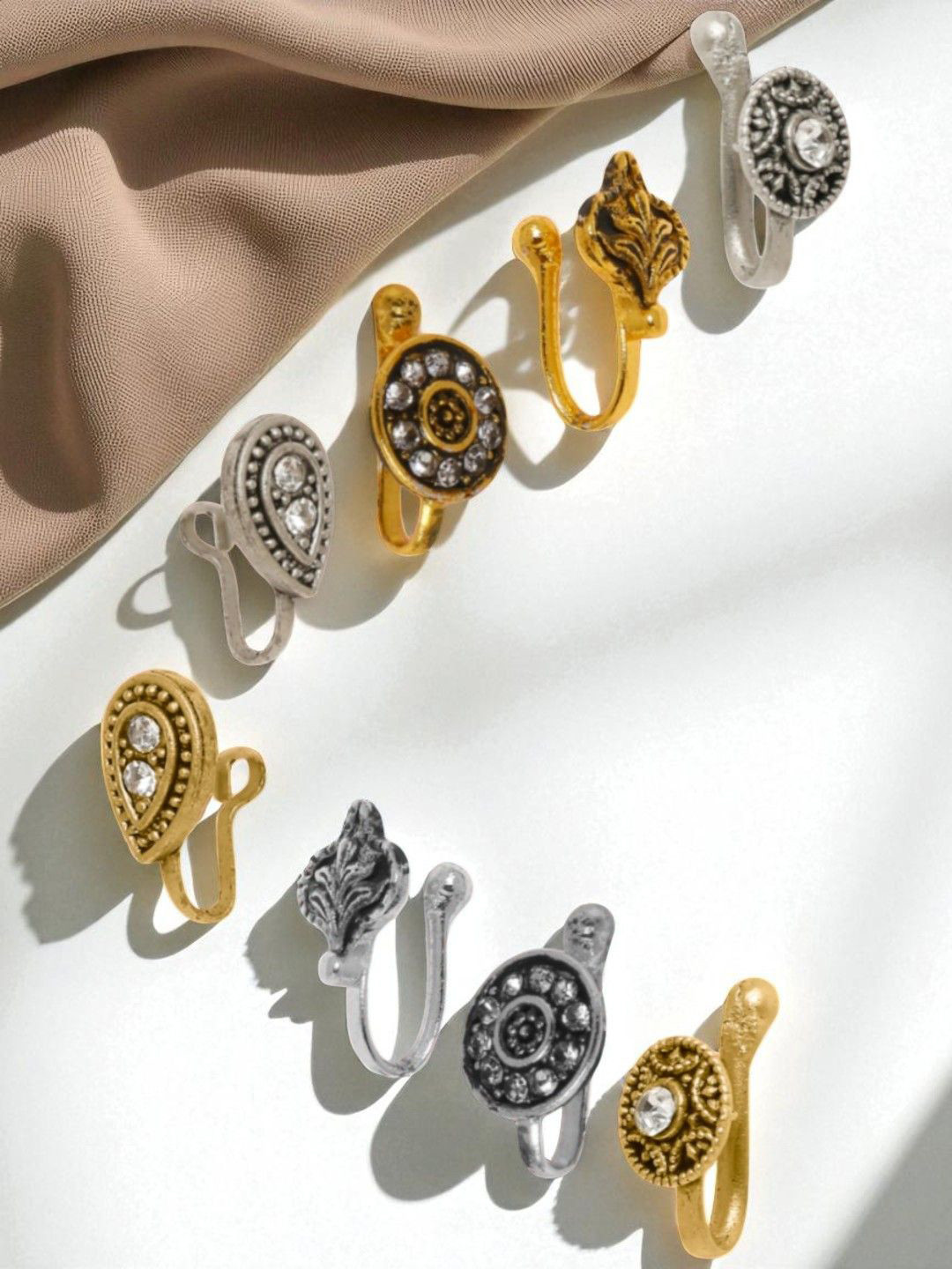 fabula Set Of 8 Artificial Stones Studded Oxidised Stud Nosepins