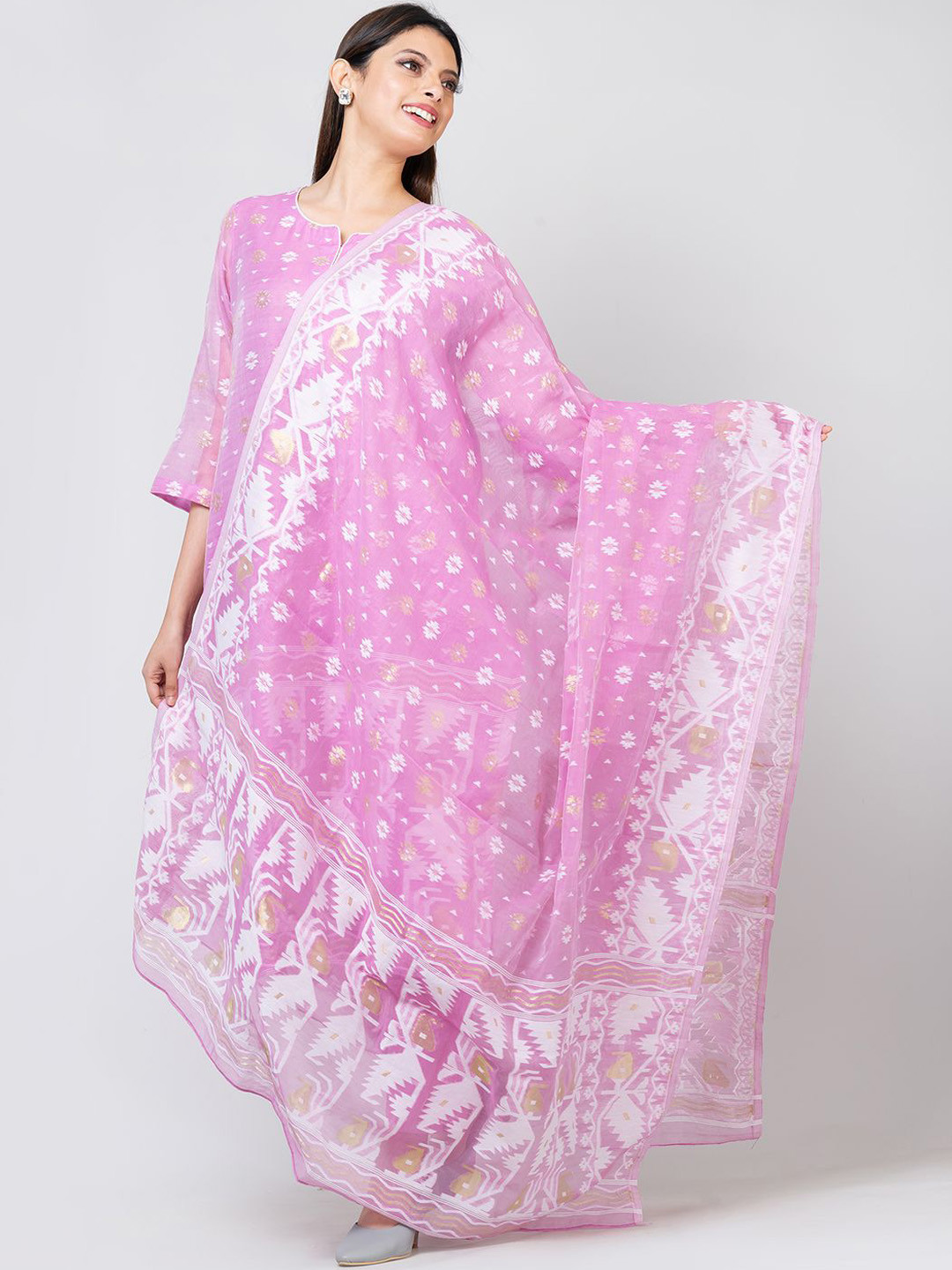 Durga Handloom Jamdani Woven Design Zari Pure Cotton Unstitched Kurti with Dupatta Dress Material