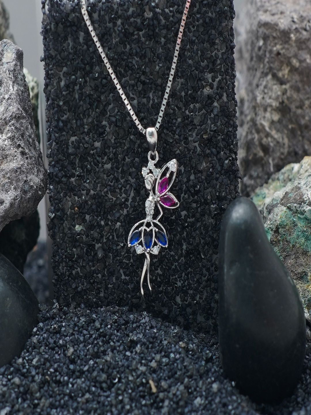 TASSYA Silver-Plated Artificial Stones Studded Fairy Blossom Shaped Pendant With Chain