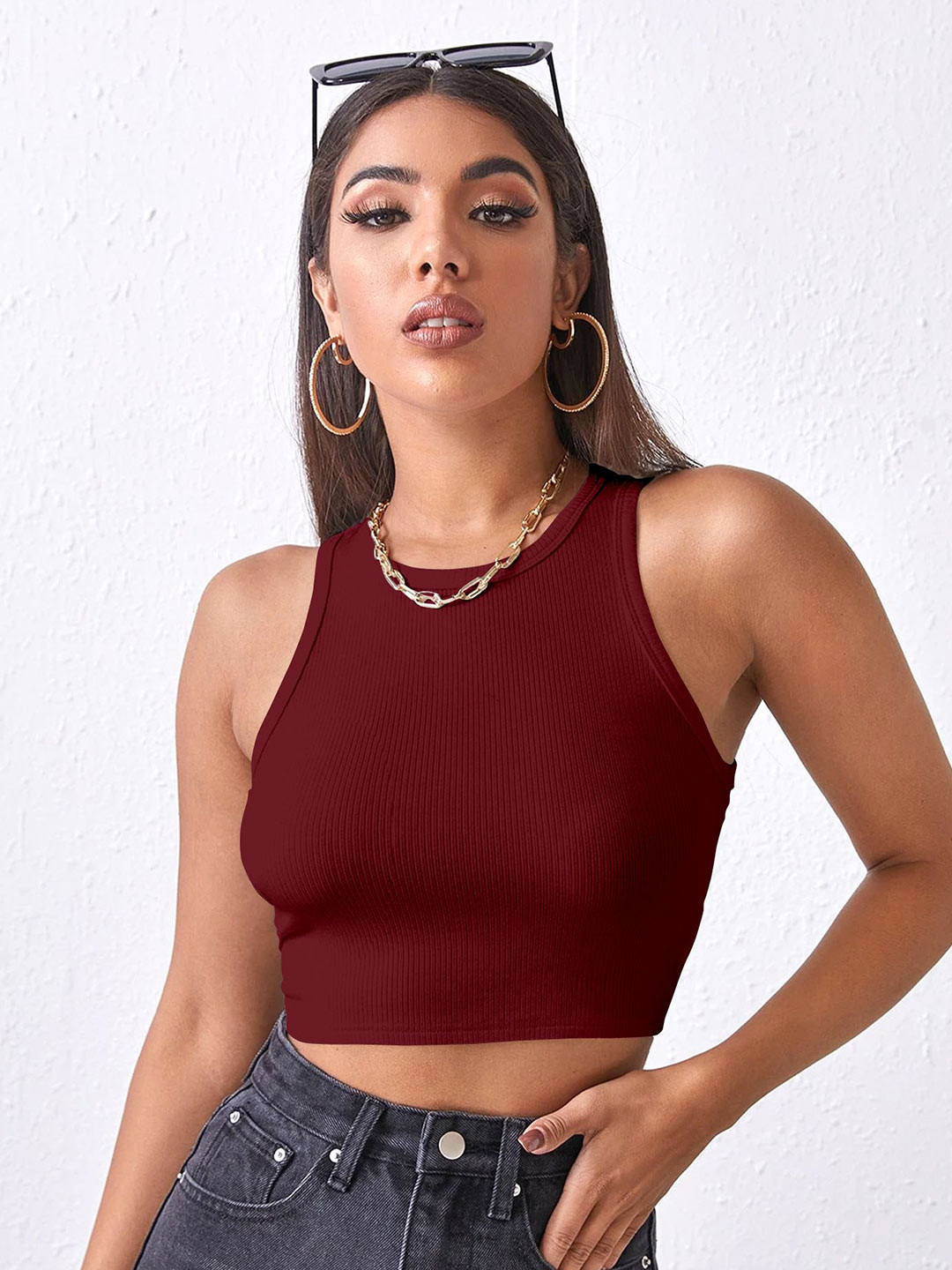 Maroon Ribbed Sleeveless Round Neck Crop Top