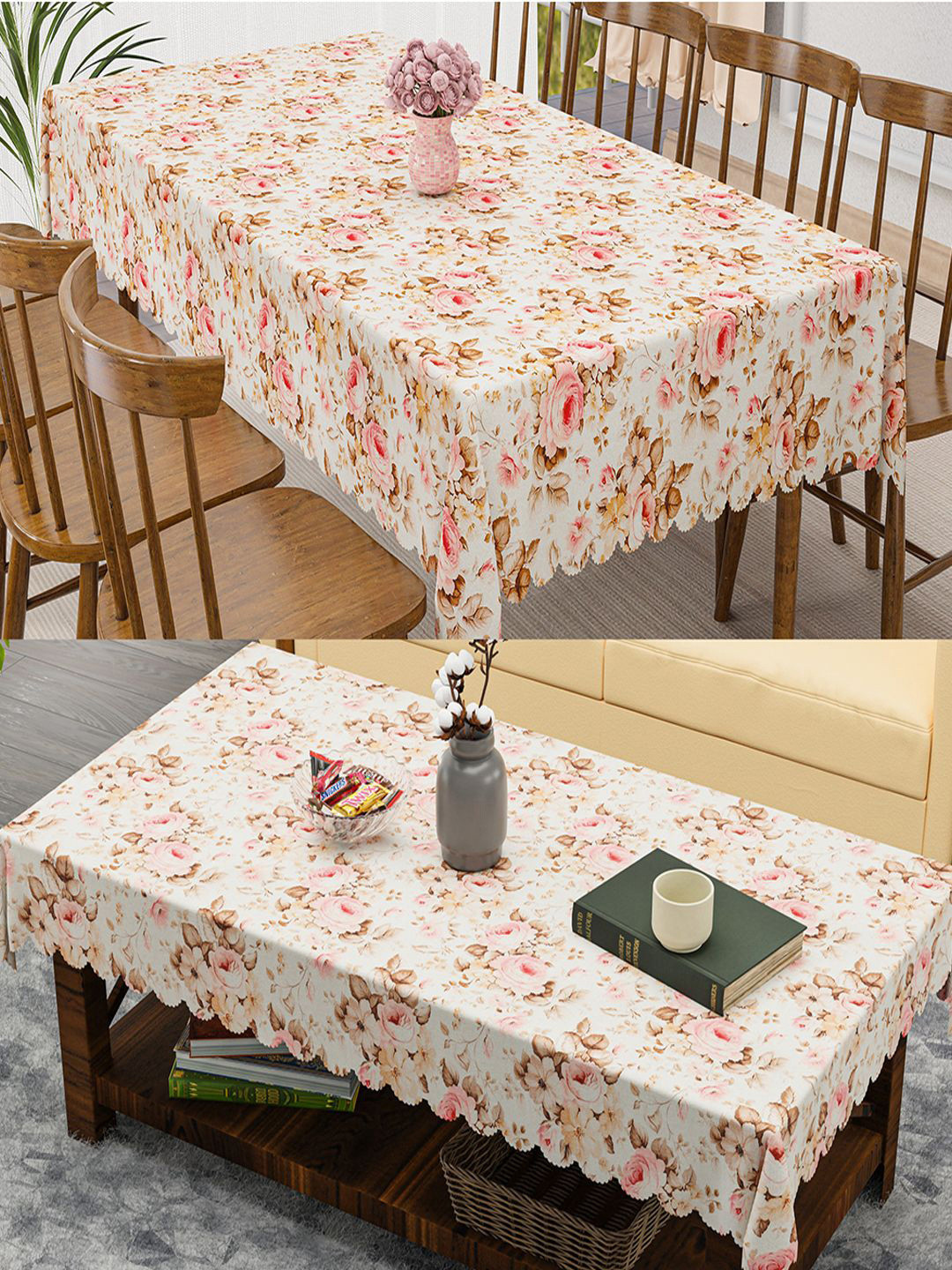 Kuber Industries Cream-Coloured 2 Pieces Floral 6-Seater Jute Table Cover & Dining Table