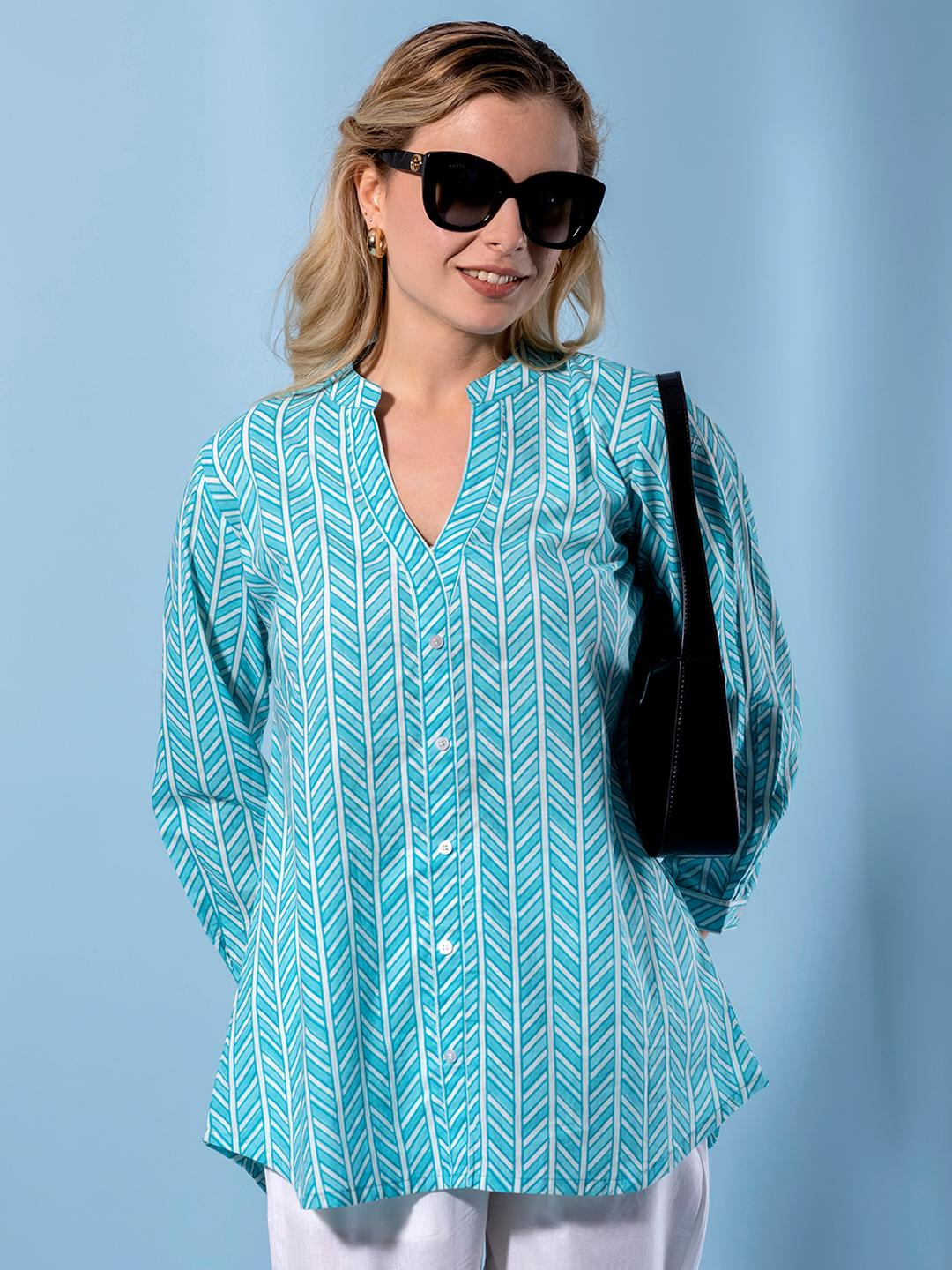 KALINI Women Sky Blue Printed Shirt