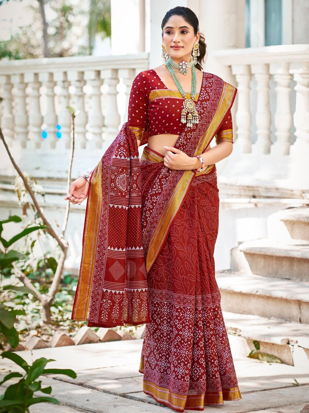 Munir Kalamkari Printed Zari Work Pure Cotton Bagru Saree With Blouse
