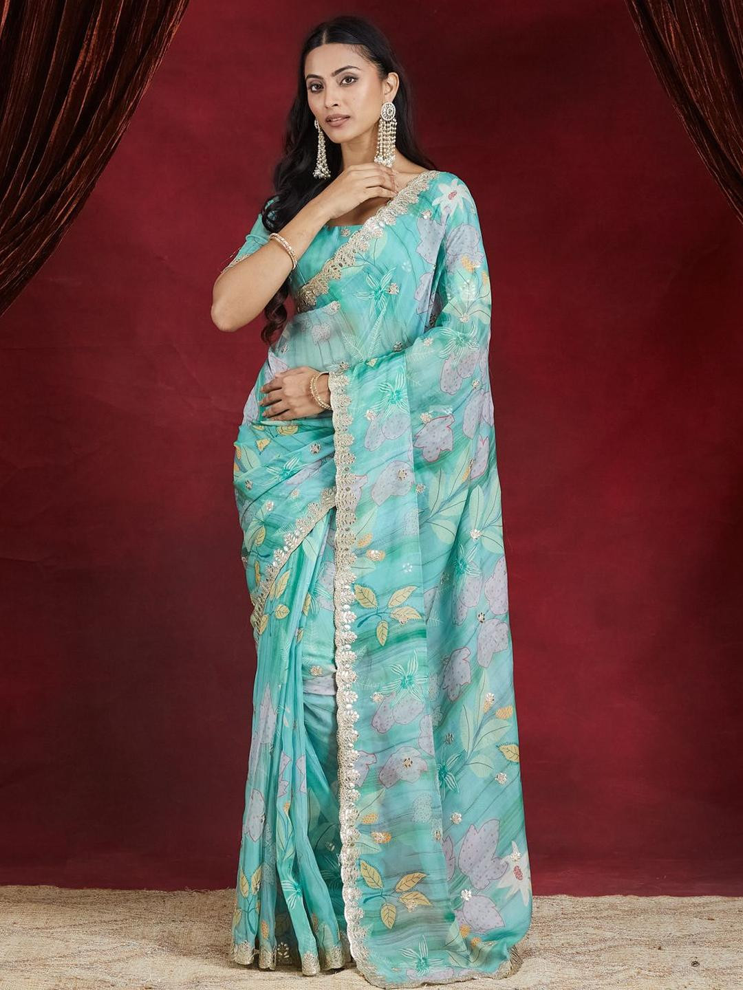 kasee Floral Printed Embroidered Organza Saree