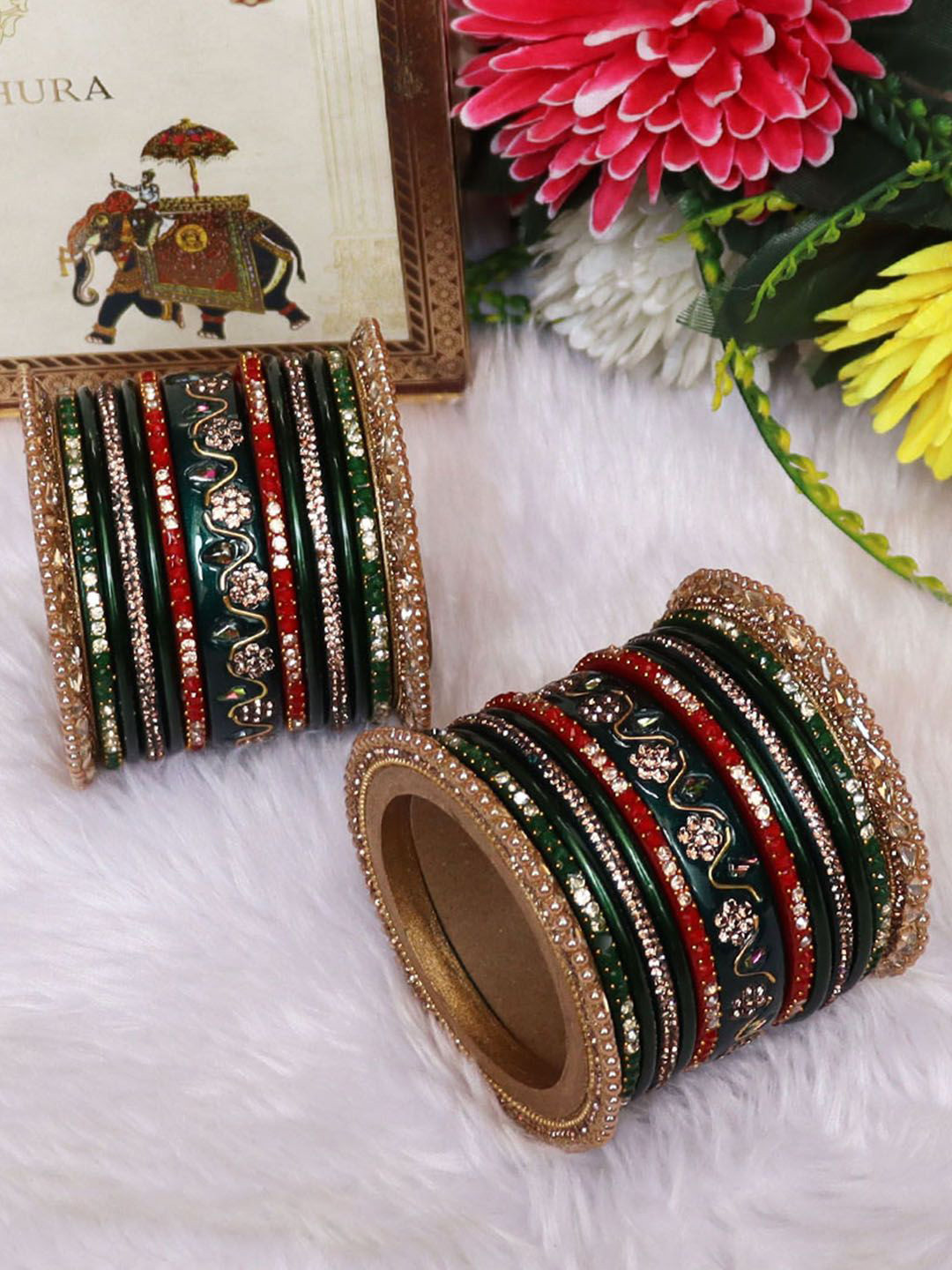 TAJ BRIDAL STORE Set Of 26 Kundan Studded Pure Lac Bridal Bangles